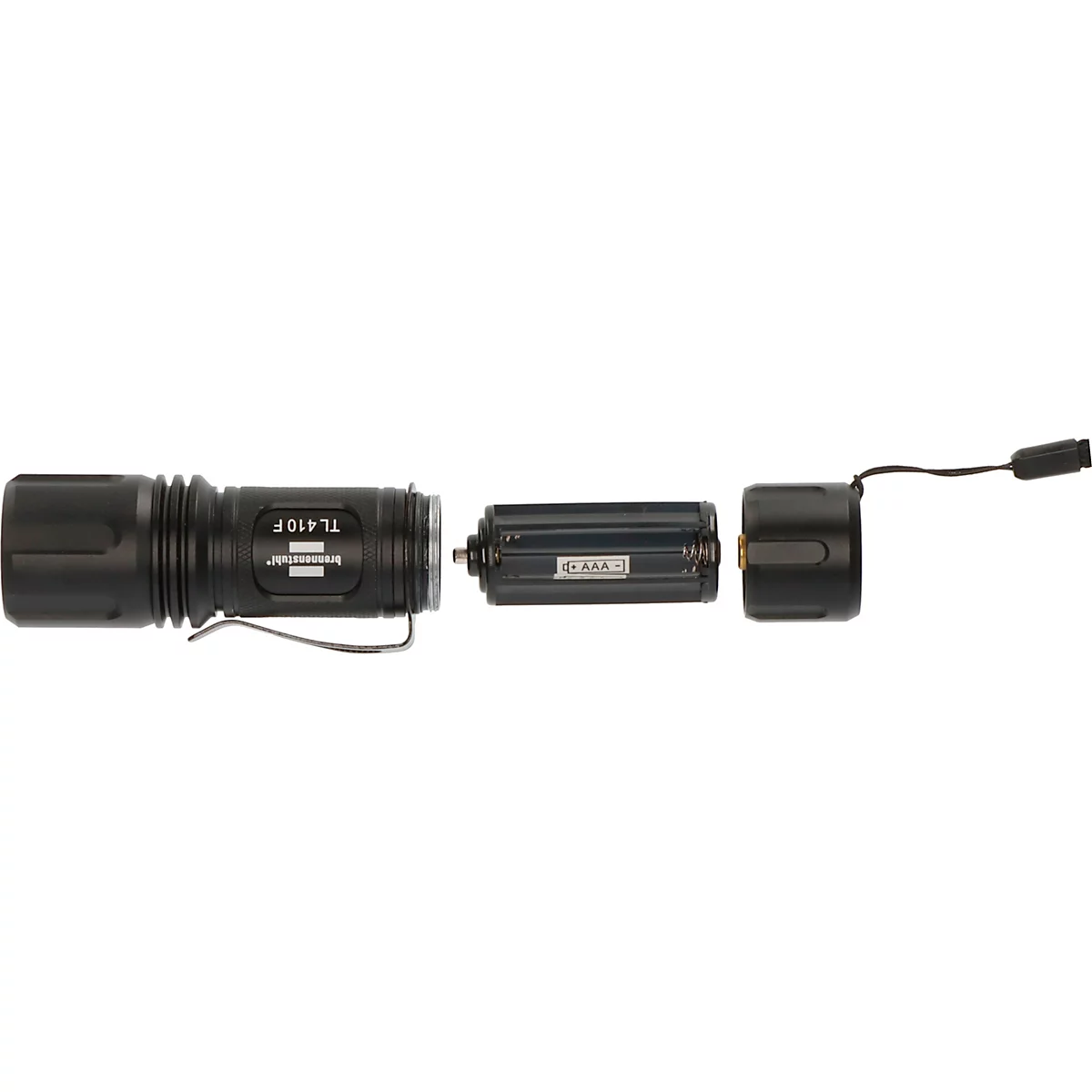 Een gedemonteerde zwarte zaklamp, met losgekoppelde batterijen en eindkap, die de componenten laat zien.