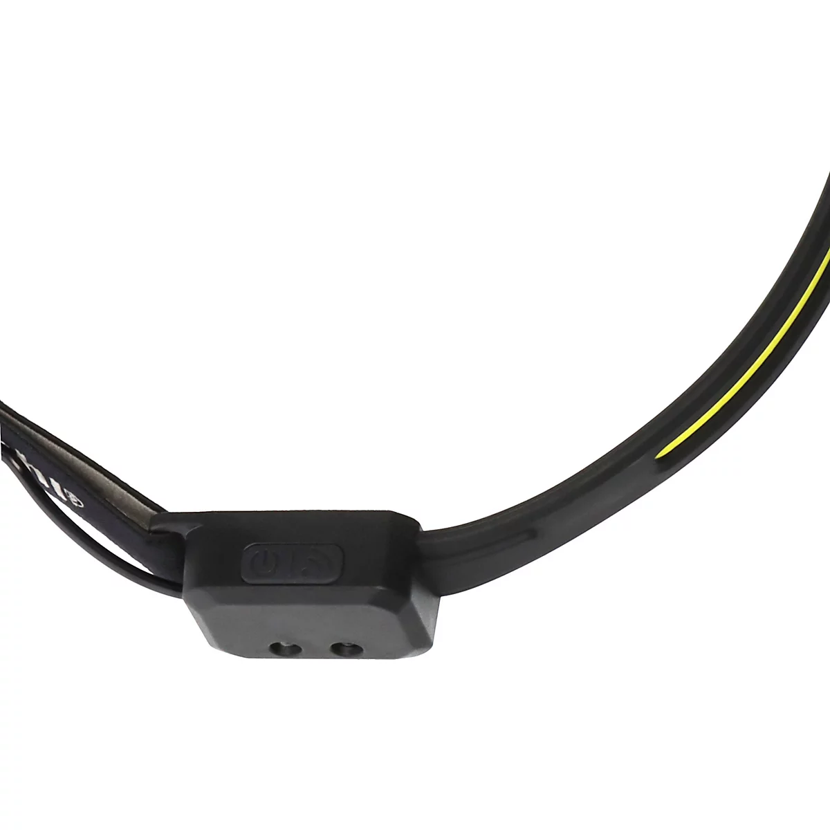 Gros plan d'un tour de cou noir avec ligne jaune, boutons et détails.