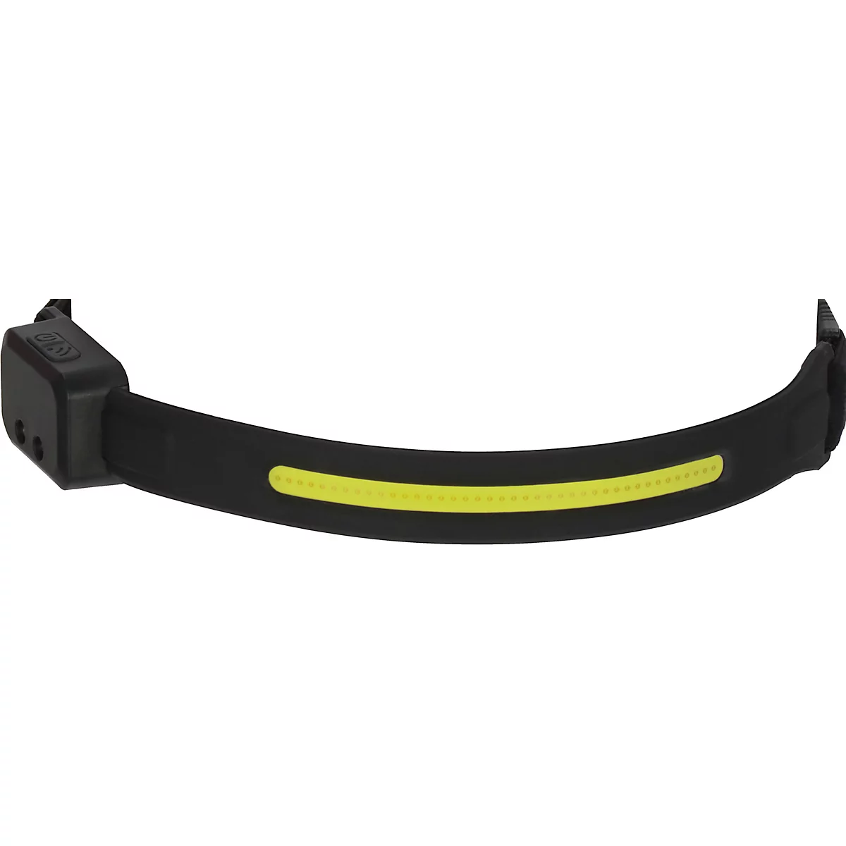 Lampe frontale noire avec bande lumineuse jaune. Un bloc carré avec des boutons en haut.