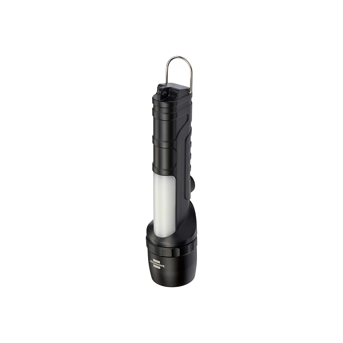 Schwarze, zylindrische LED-Arbeitsleuchte mit seitlichem Lichtstreifen und Metall-Aufhängehaken.