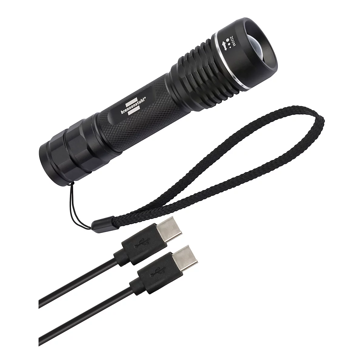 Schwarze Taschenlampe mit silberner Blende, Handschlaufe und zwei USB-C Kabeln. Logo: Brunnenschild