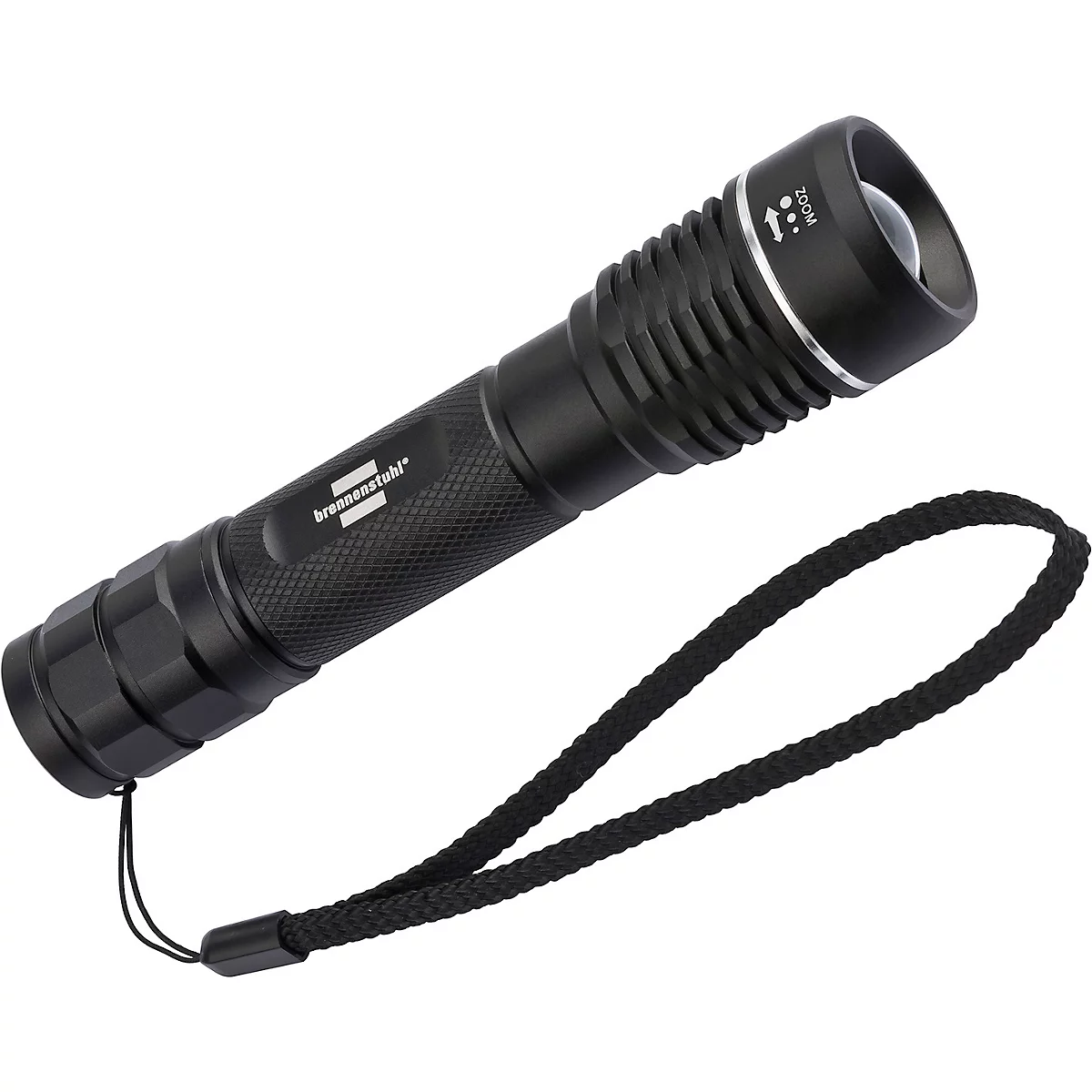 Zwarte zaklamp met polsband. Zoom staat op de kop. "brennenstuhl" staat op de behuizing.