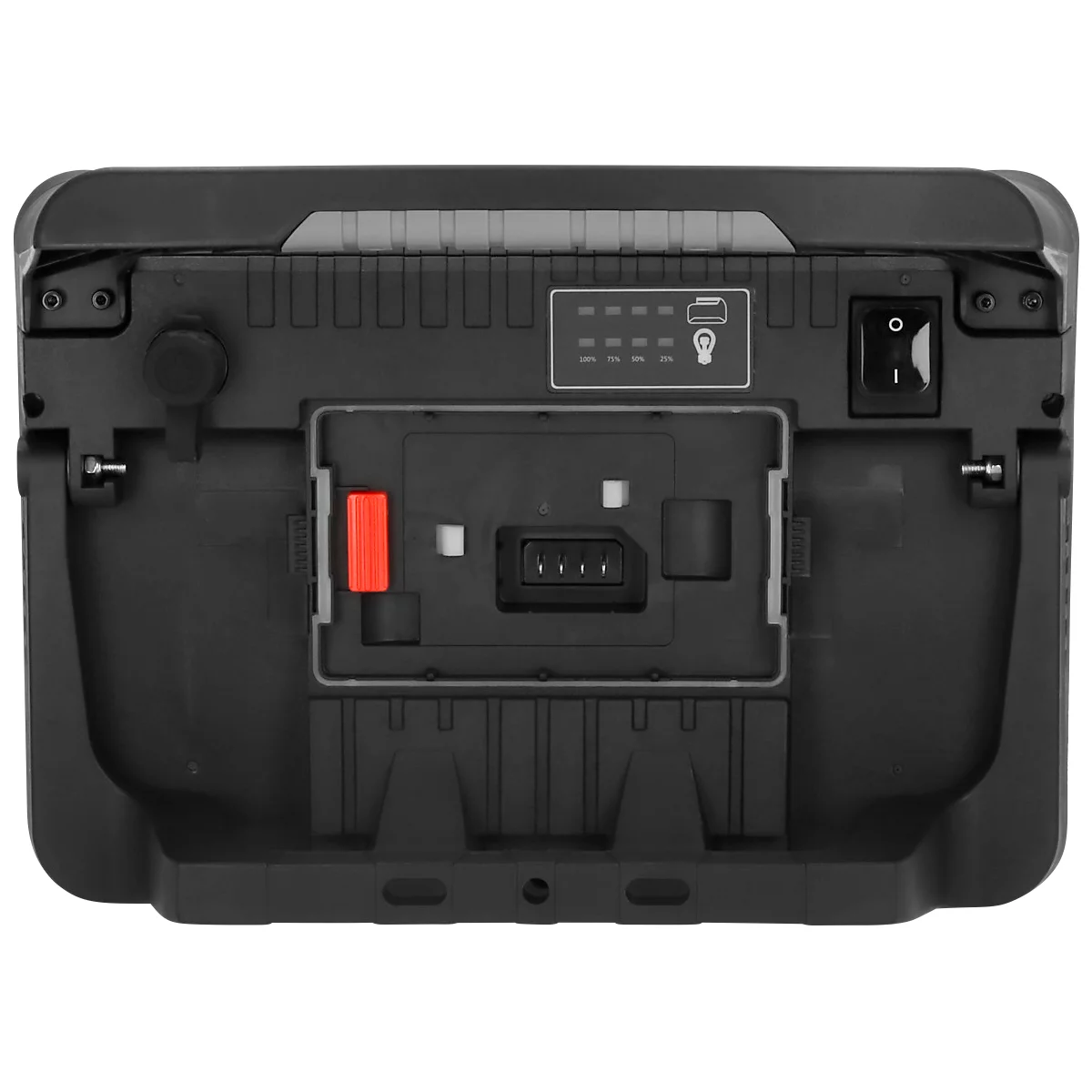 Achterkant van een zwarte werklamp met rode schakelaar, aan/uit-schakelaar, batterijniveau-indicator en USB-poort.