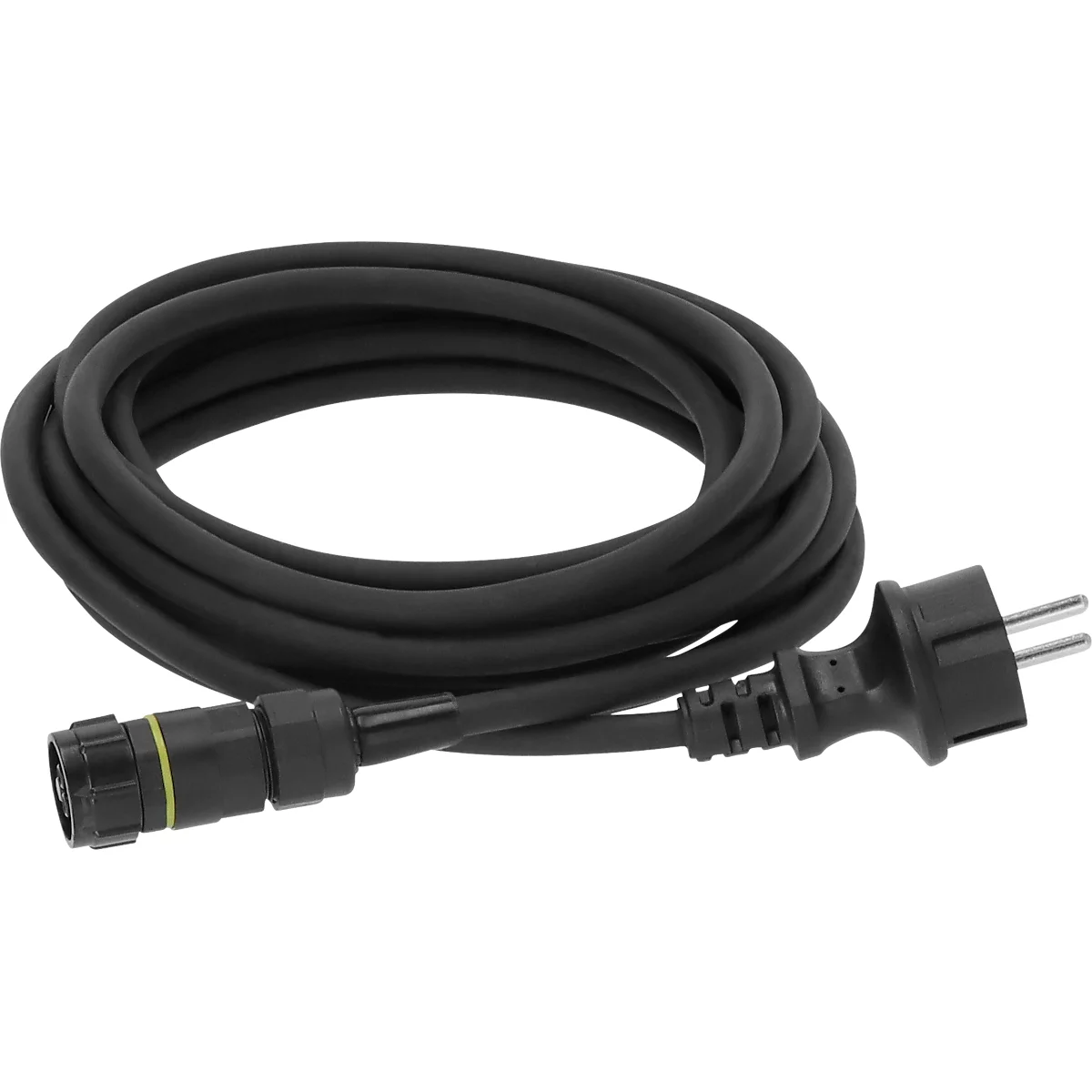 Zwart stroomkabel met stekker en ronde connector.