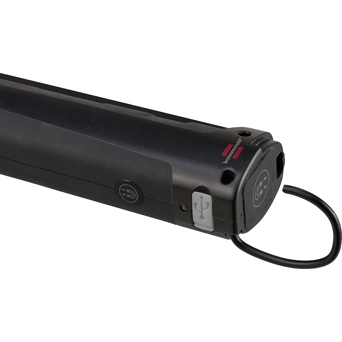 Detailopname van een zwart, langwerpig apparaatcomponent met USB-poort en ophanglus.