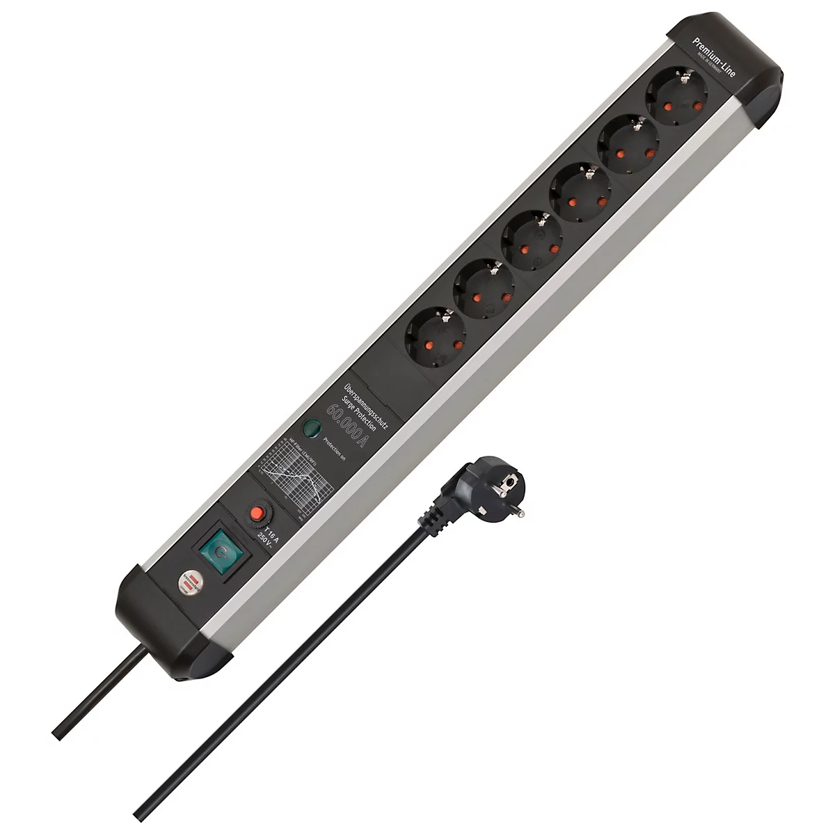 Zilveren stekkerdoos met zeven stopcontacten, zwarte stekker en kabel.