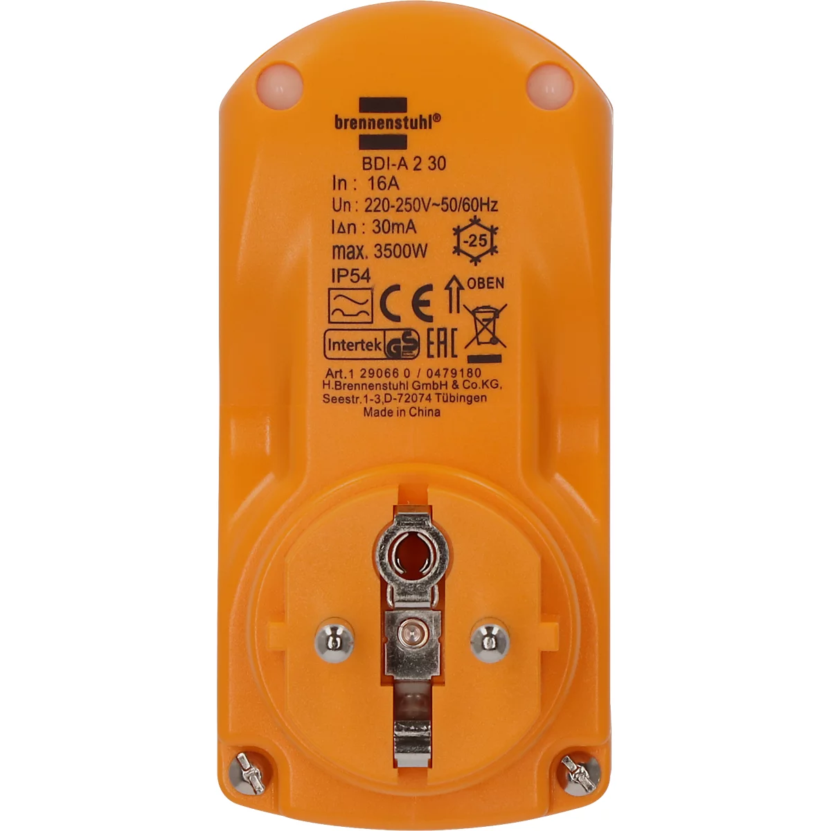 Brennenstuhl persoonlijke beschermingsadapter BDI-A 2 30, 16A, 3500W, aanraakbeveiliging, klapdeksel, tweepolige uitschakeling, voor gebruik buiten en binnen, L 105 x B 50 x H 95 mm, geel