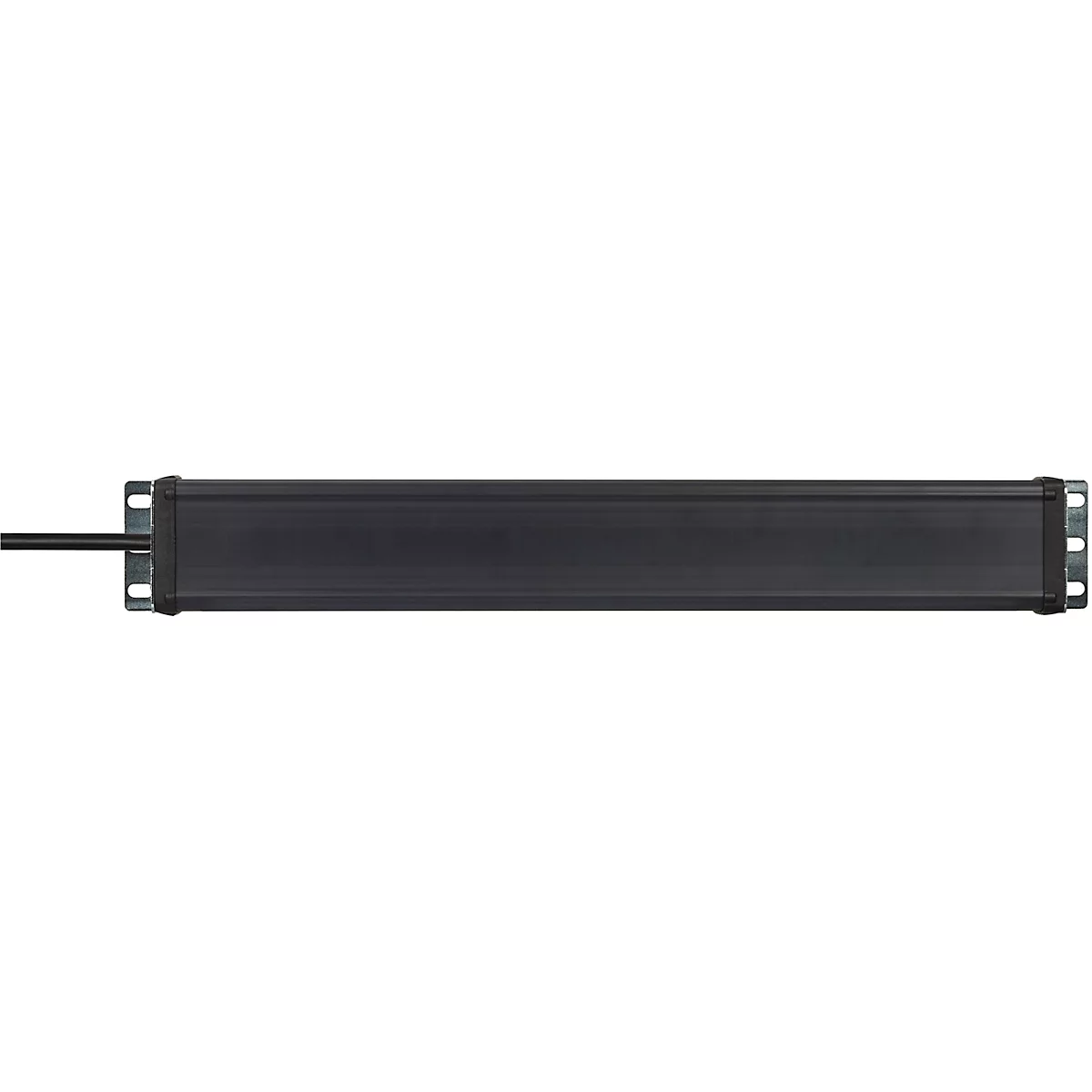 Zwart rechthoekig object, metalen uiteinden en een kabel.
