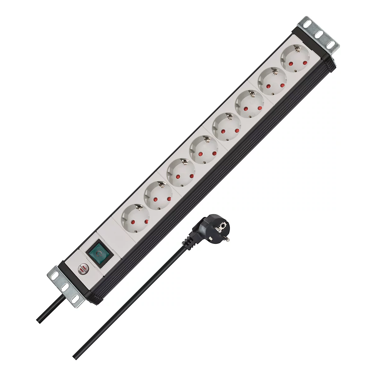 Multiprise avec huit prises, interrupteur et cordon d'alimentation.