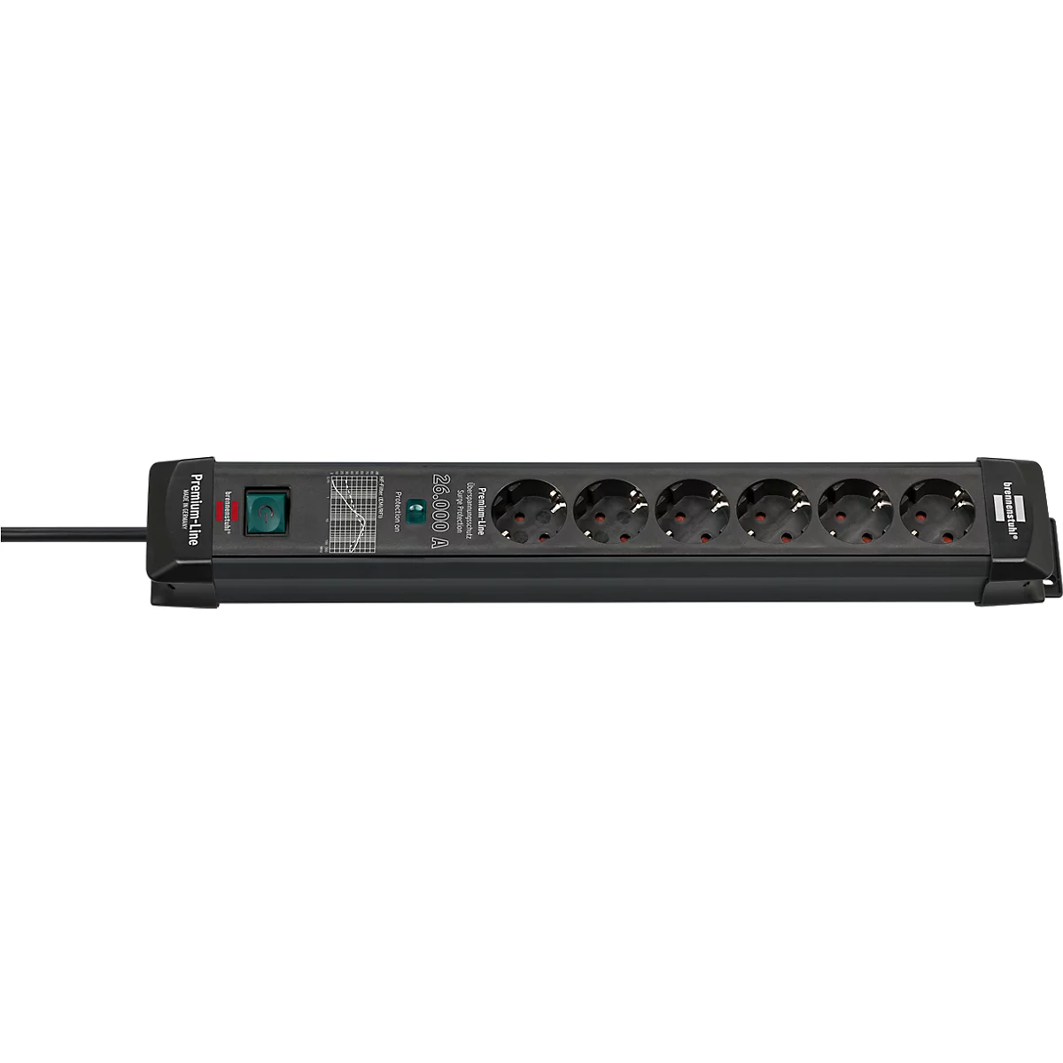 Brennenstuhl Premium-Line 6er-Steckdosenleiste, 1,8 m Kabel, 26.000A Überspannungsschutz, Sicherheitsschalter, L 515 x B 67 x T 90 mm, schwarz