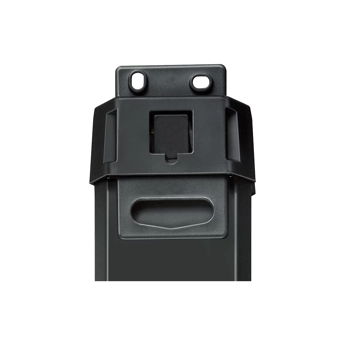 Pièce en plastique noire, prise de vue détaillée : deux trous ronds, un bouton carré, un renfoncement allongé.