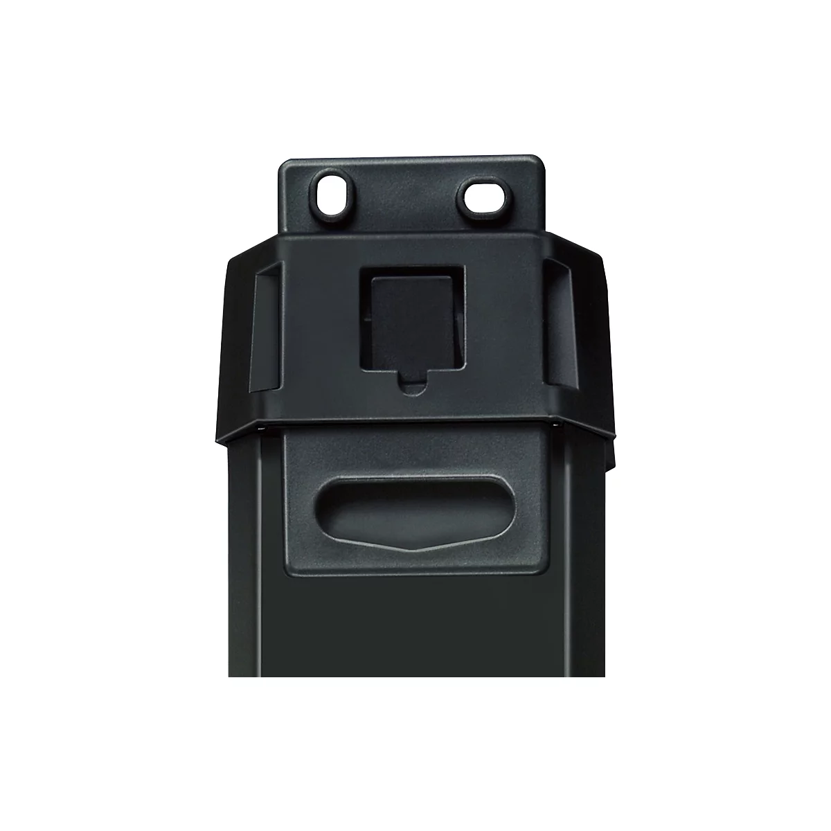 Detailopname van een zwarte plastic component met een ovaal handvat, twee gaten en een vierkant element.