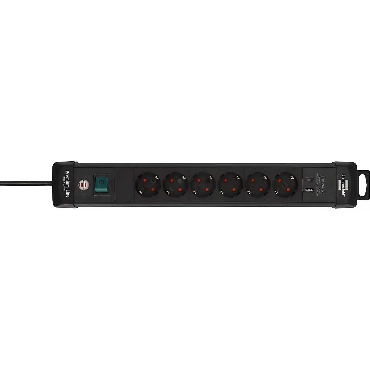 Multiprise noire avec plusieurs prises, interrupteur marche-arrêt et cordon d'alimentation.