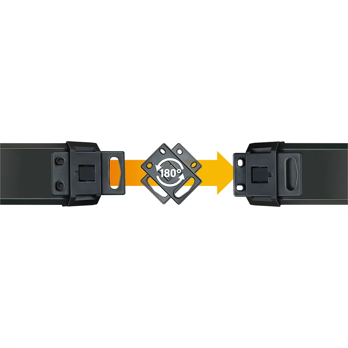 Zwart gelakte metalen connectoren met pijl en 180° rotatie.