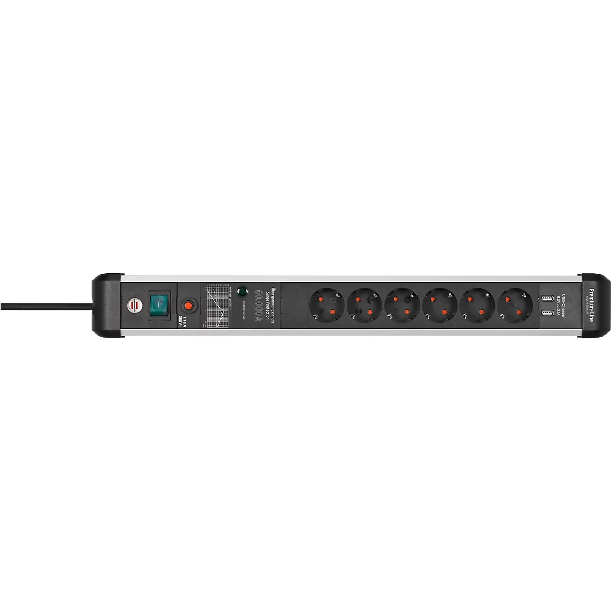 Brennenstuhl Premium-Protect-Line 6-fach Steckdosenleiste, 3 m Kabel, 60.000A Überspannungsschutz, 2 USB-Ports, eloxiertes Aluminium, schwarz/alusilber