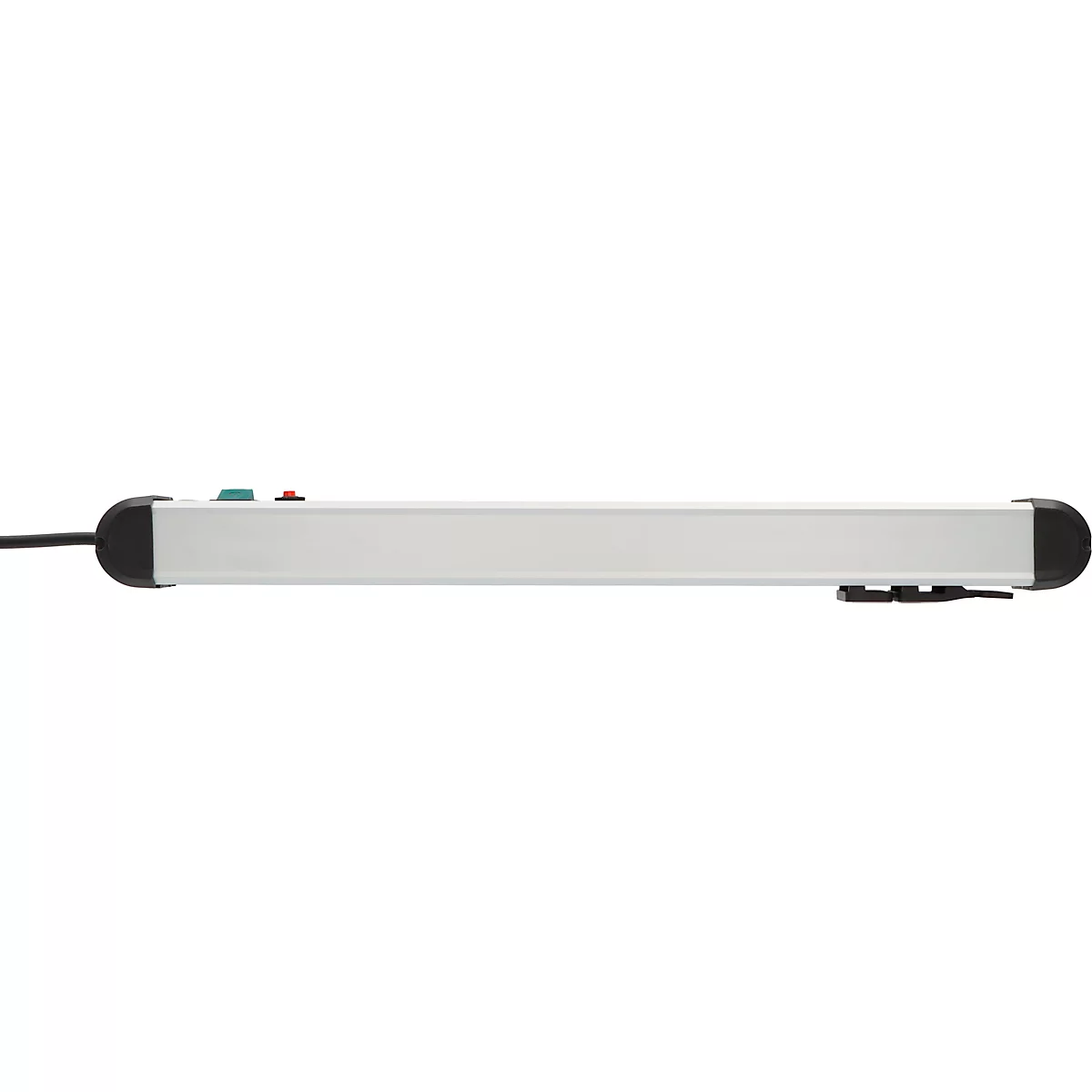 Ein schwarzes Premium-Line Mehrfachstecker-Modul, das auf einem Holzbrett liegt. Das Modul hat 4 Steckdosen, silberne Kanten und einen Tragegriff.