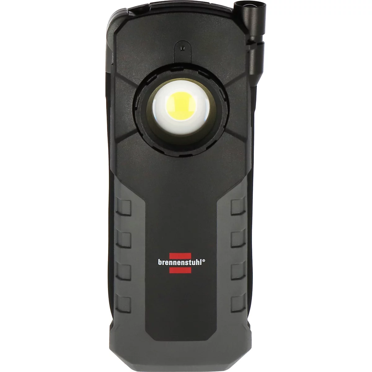 Zwarte LED-werklamp met helder licht. Gedrukte merknaam.