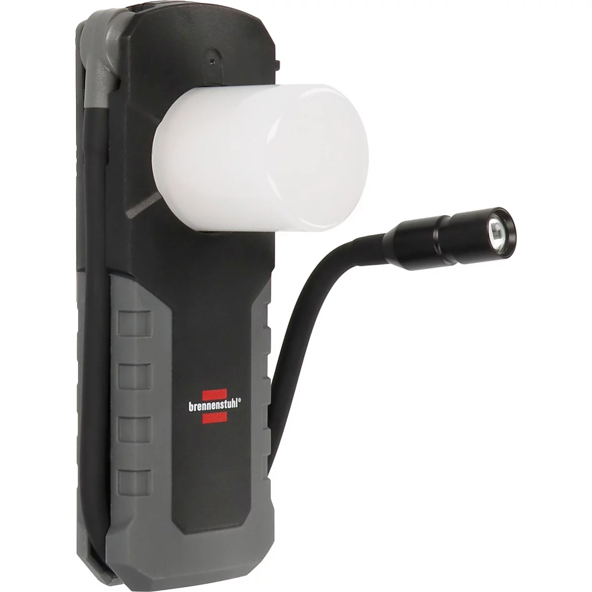 Een zwarte en grijze werklamp met een wit, cilindrisch licht aan de kop. Een kleine LED-lamp is aan de arm bevestigd.
