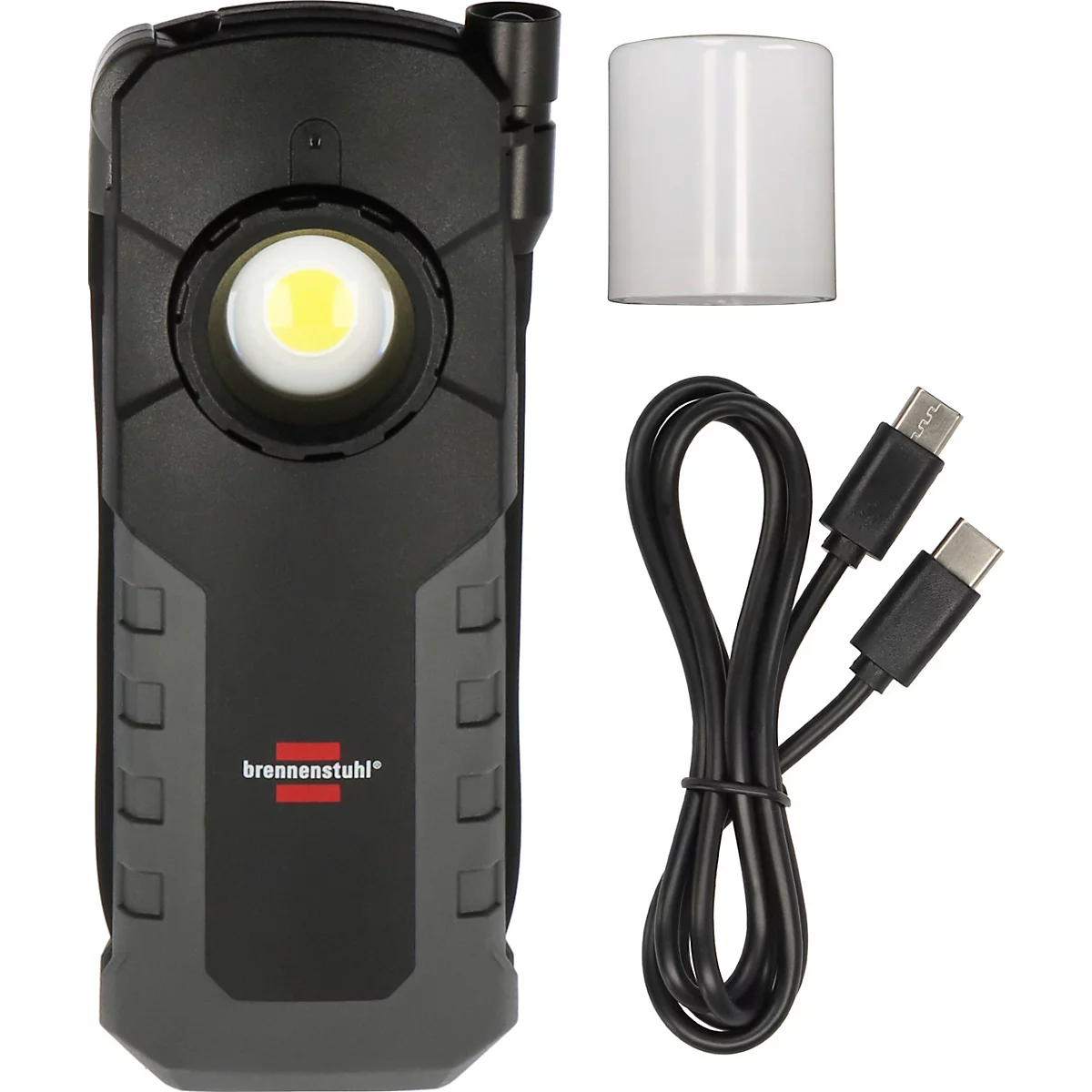 Zwarte LED-werklamp met accessoires, label: brennenstuhl.