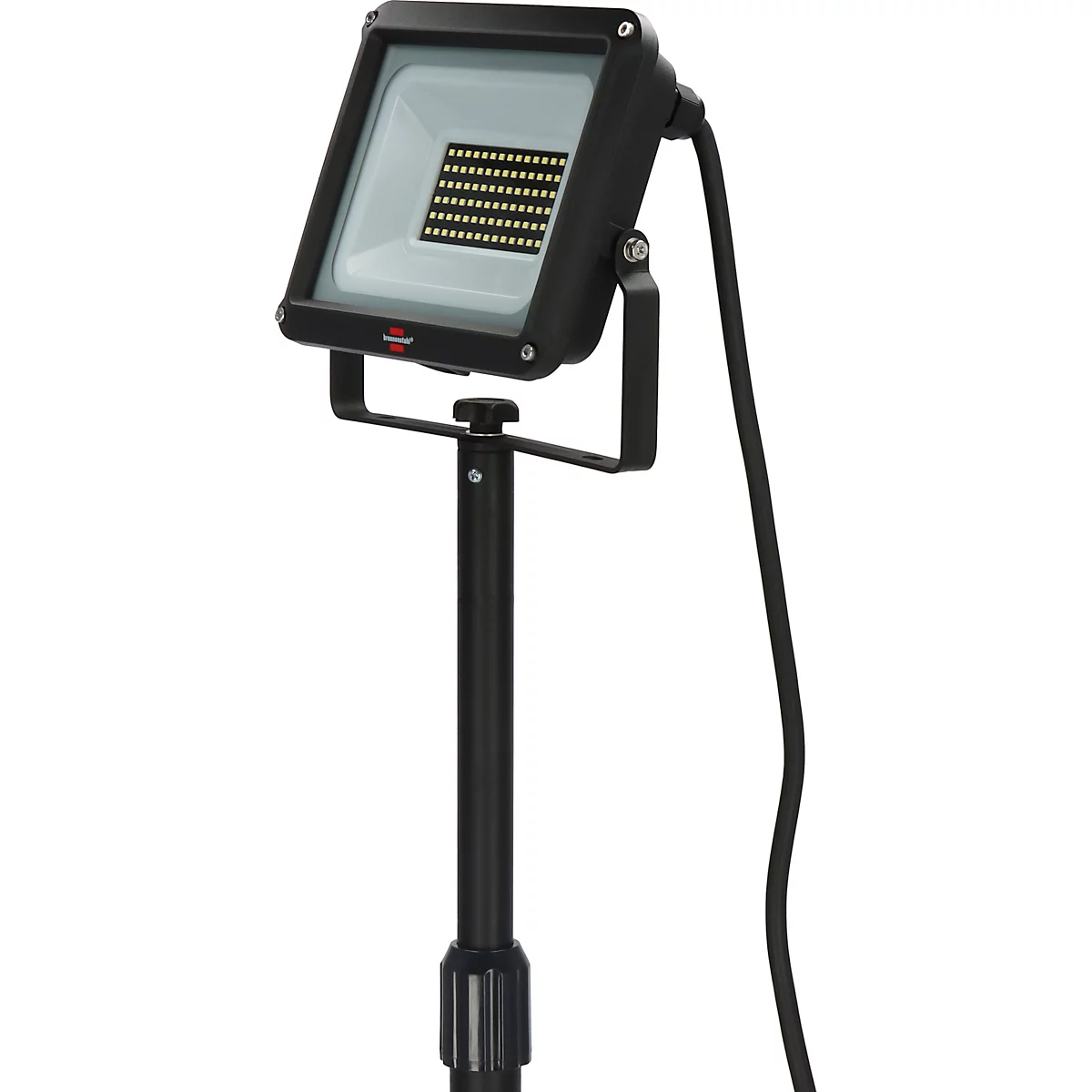 Projecteur LED noir sur pied avec câble. Le projecteur a un design carré avec de nombreuses petites lumières à l'intérieur.