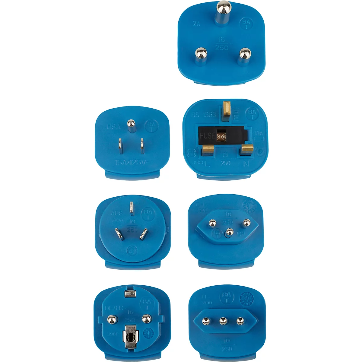 Blauwe driepins stekkeradapter met grijze behuizing. Opschrift: 16/250.