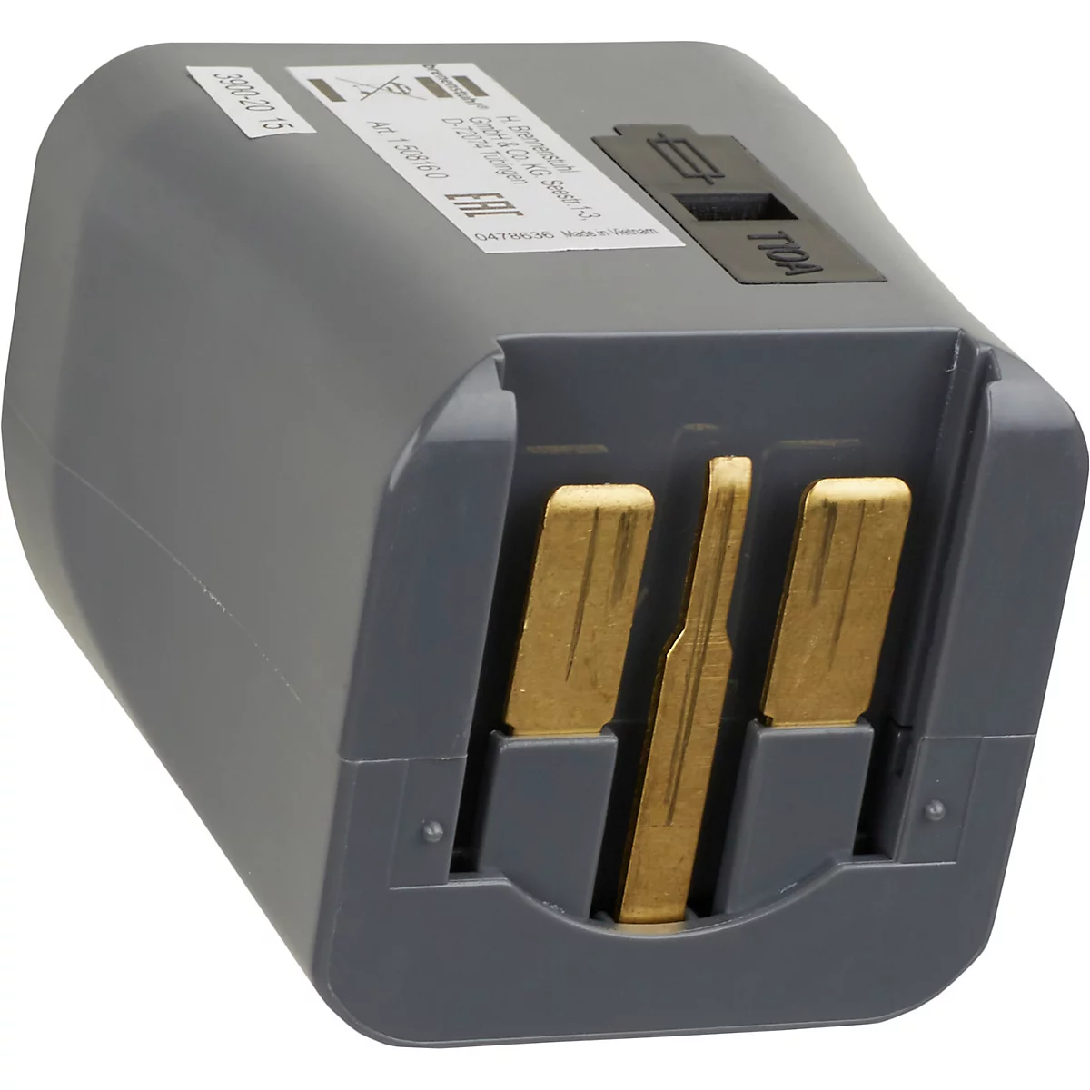 Grijze reisadapter met blauw stopcontact. Opschrift: BA T, 250.