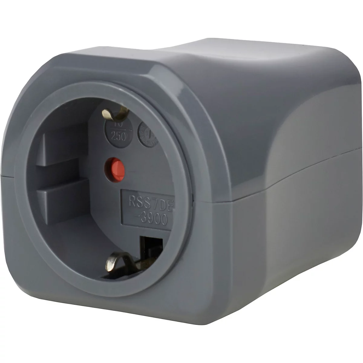 Grijze hoekadapter met een rond stopcontact met twee metalen pinnen. Boven staat 250, eronder staat RSS. Daarvoor een rode knop.