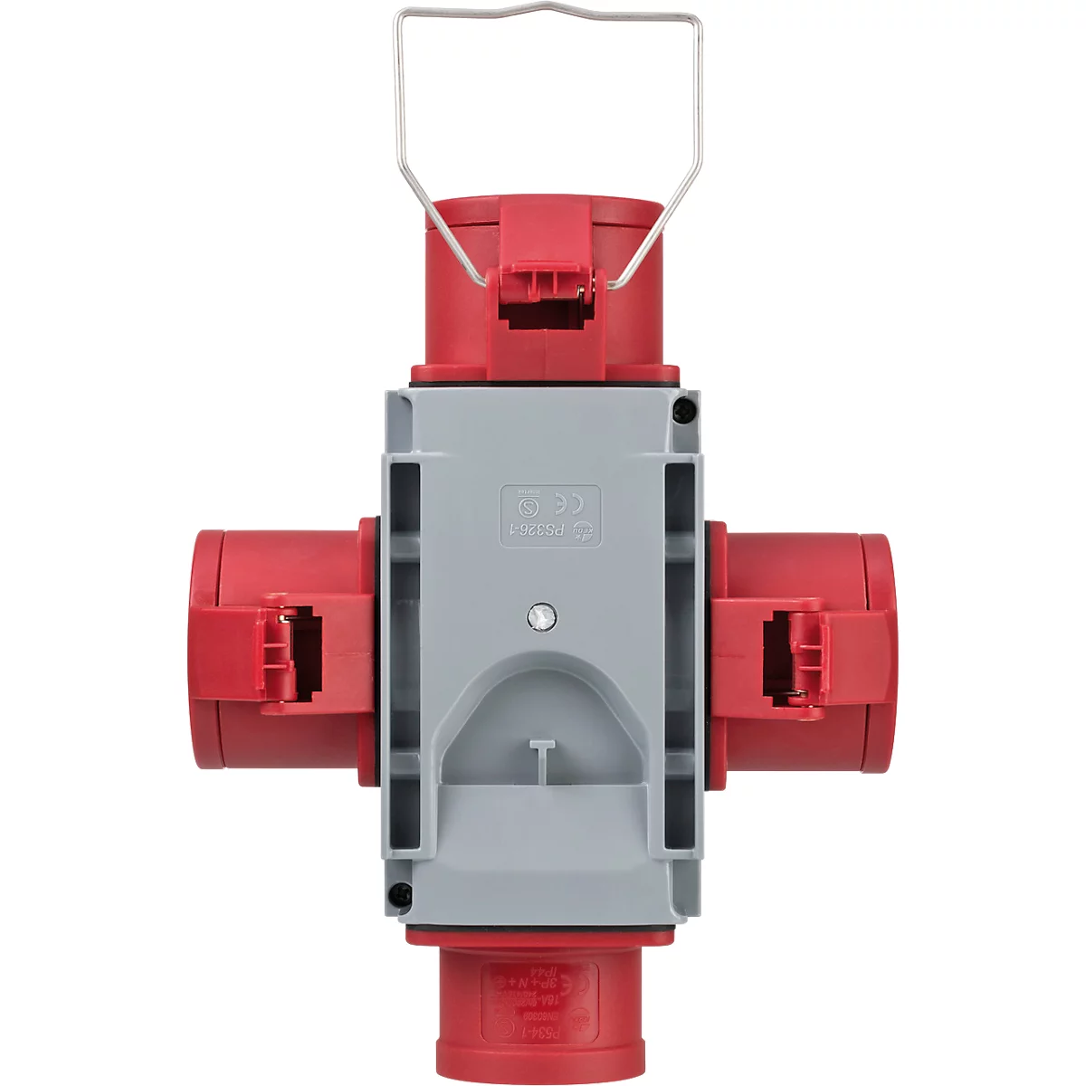 Prise multiple avec une prise rouge et un boîtier gris. Une poignée de transport est fixée en haut.