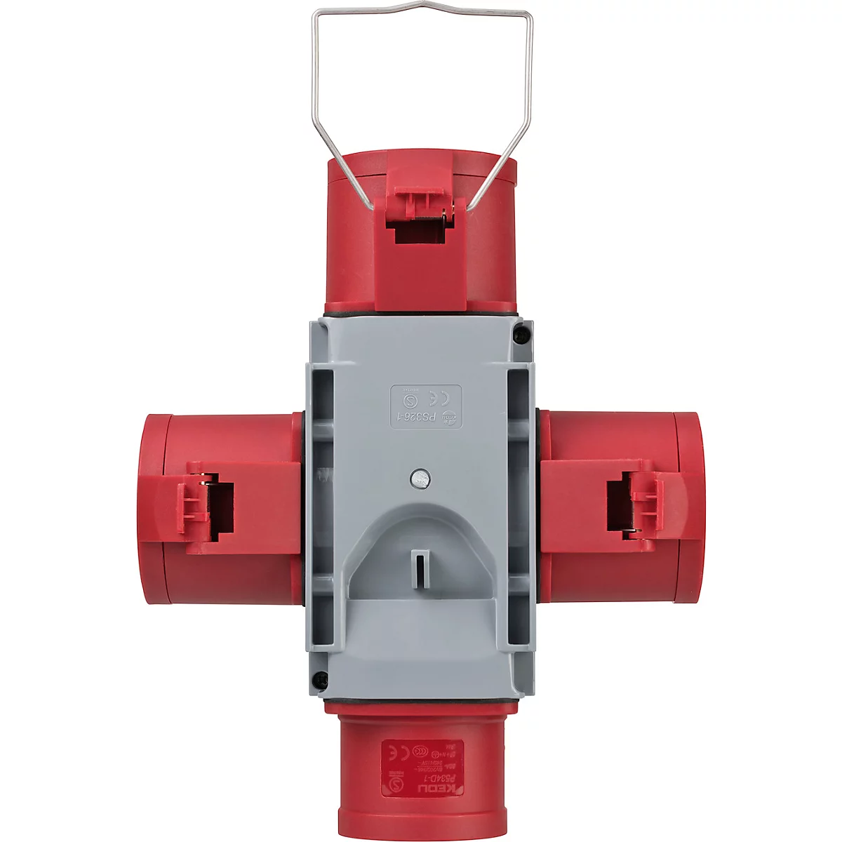 Prise multiple avec capuchon rouge et éléments gris.