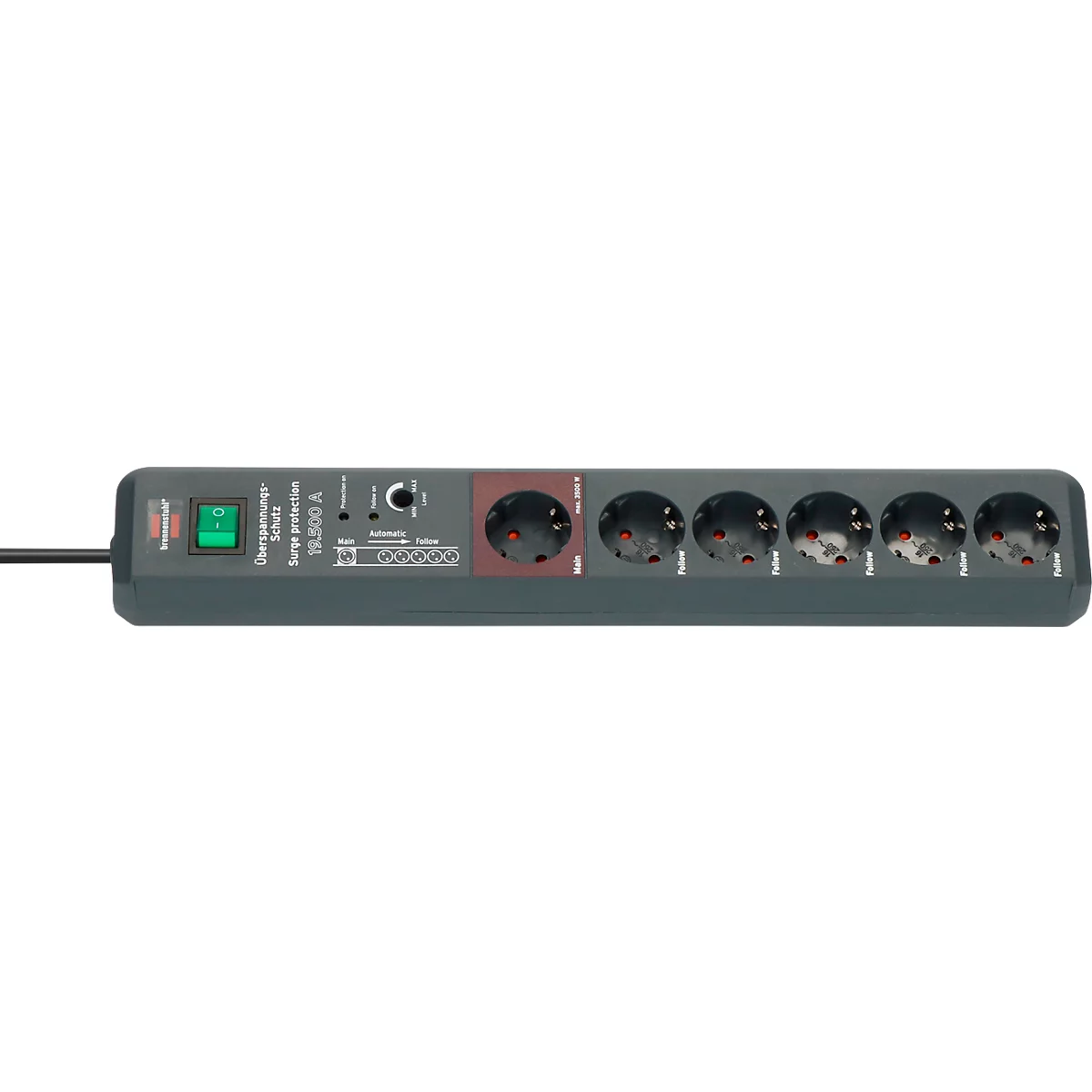 Brennenstuhl Secure-Tec 6-fach-Steckdosenleiste, Sicherheitsschalter, Automatik-Schaltsystem, Überspannungsschutz bis 19.500 A, 3 m Kabel, L 485 x B 65 x T 105 mm, anthrazit