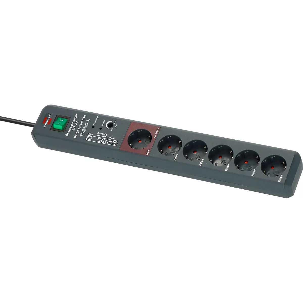 Brennenstuhl Secure-Tec 6-fach-Steckdosenleiste, Sicherheitsschalter, Automatik-Schaltsystem, Überspannungsschutz bis 19.500 A, 3 m Kabel, L 485 x B 65 x T 105 mm, anthrazit