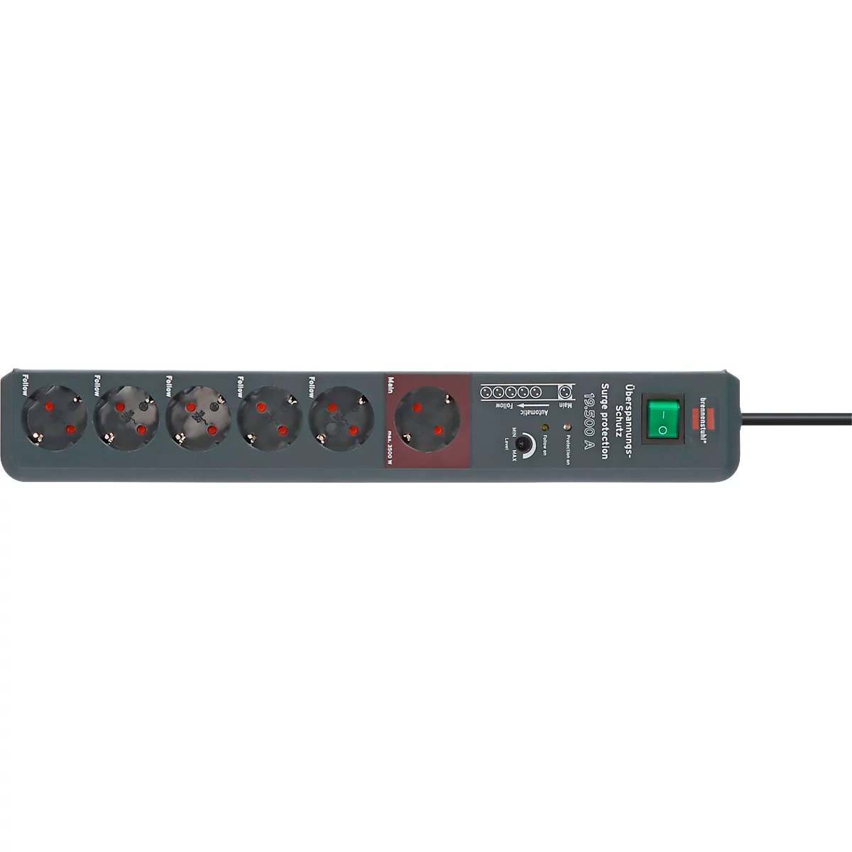 Brennenstuhl Secure-Tec 6-fach-Steckdosenleiste, Sicherheitsschalter, Automatik-Schaltsystem, Überspannungsschutz bis 19.500 A, 3 m Kabel, L 485 x B 65 x T 105 mm, anthrazit