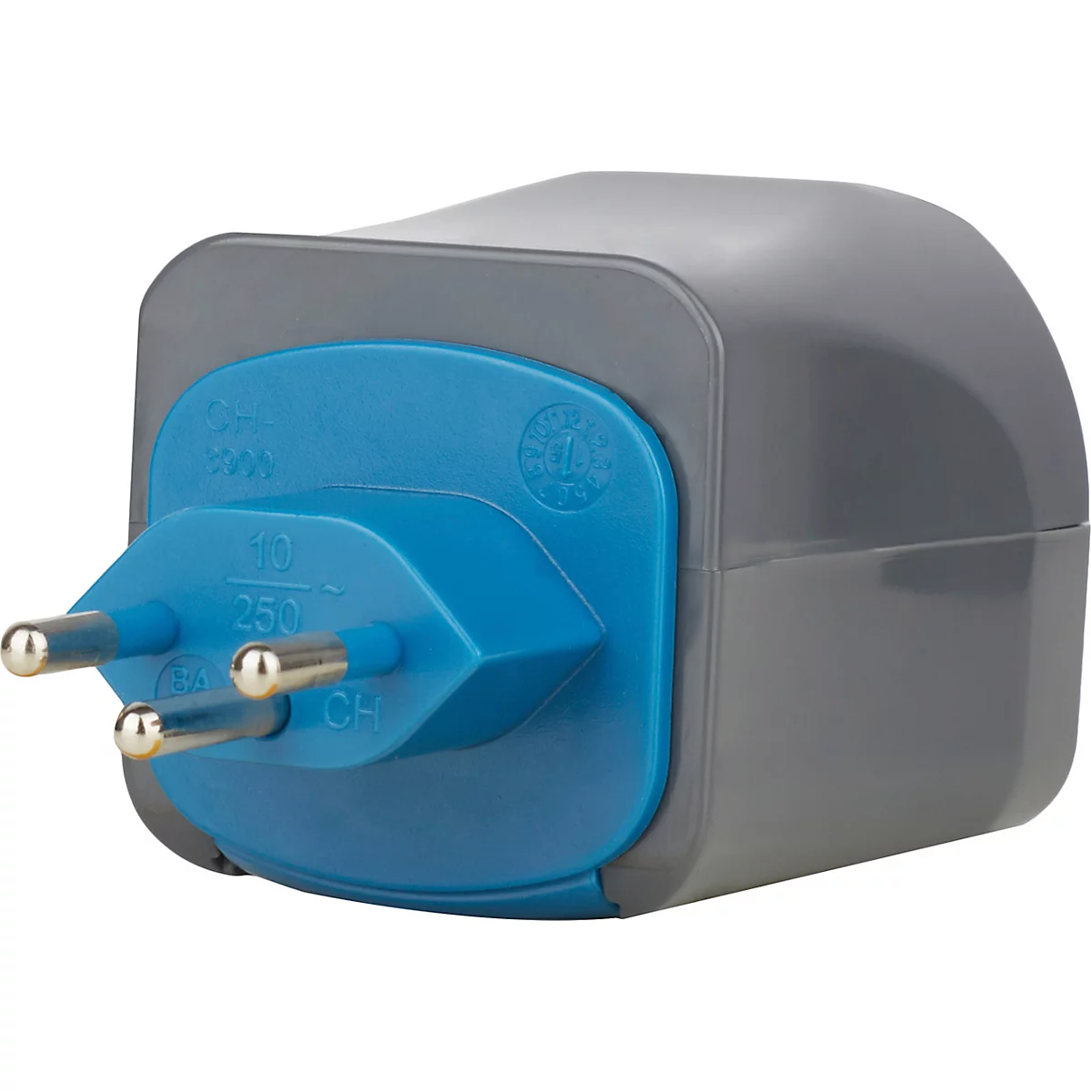 Adaptateur de voyage gris avec partie fiche bleue; trois broches de contact, impressions.