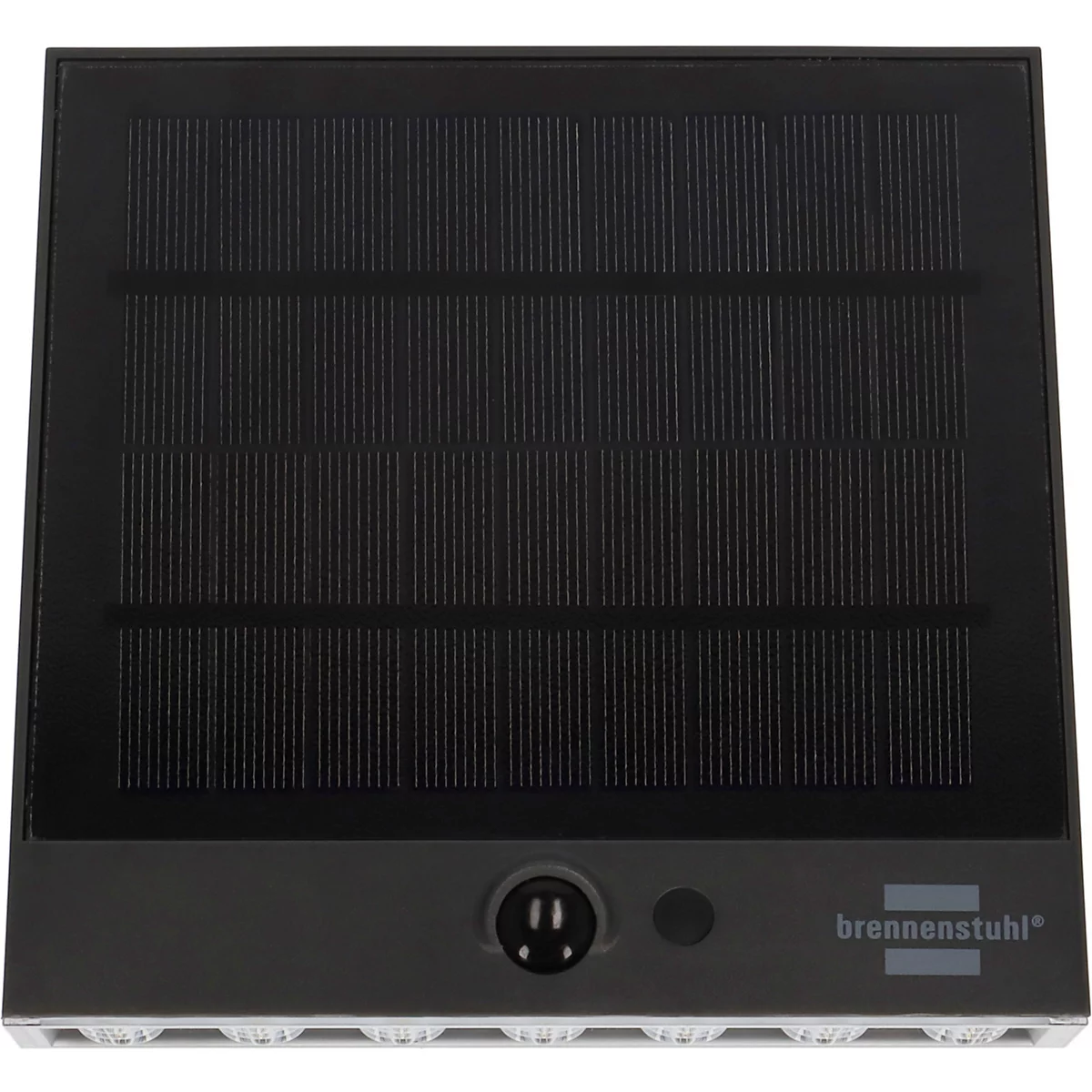 Panneau solaire foncé de forme carrée. Surface noire et nervurée, partie inférieure gris foncé. Logo Brennenstuhl.