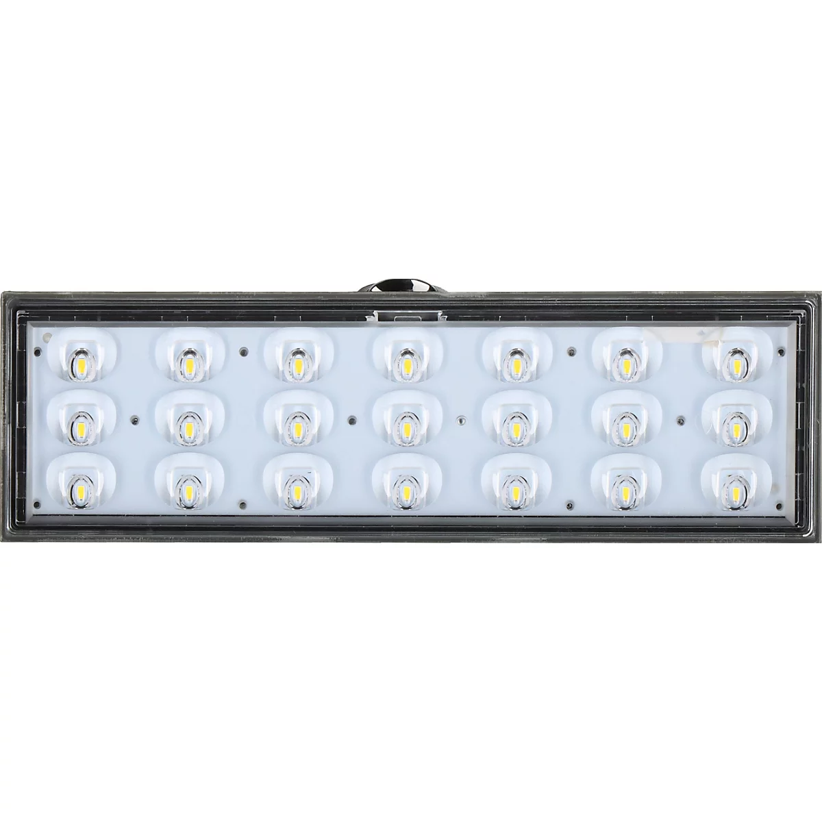 Rechteckige LED-Leuchte mit 18 LEDs in drei Reihen angeordnet, schwarzer Rahmen.