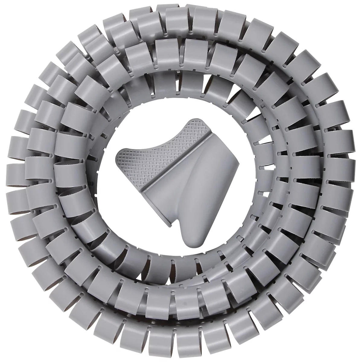 Gray spiral cable duct, next to it a gray connector.