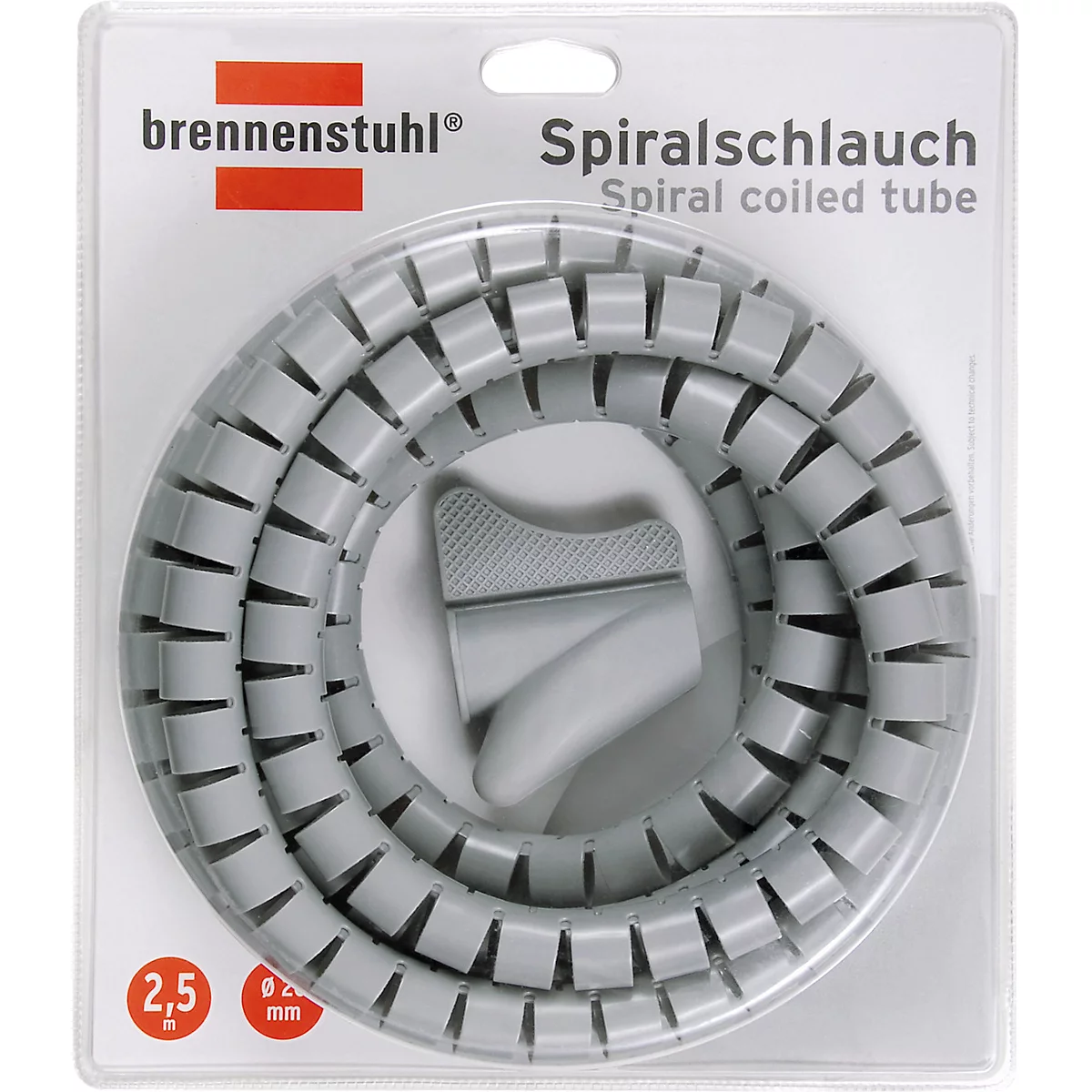 Grey spiral tube, packaged. Inscription: Brennenstuhl. Spiral coiled tube.