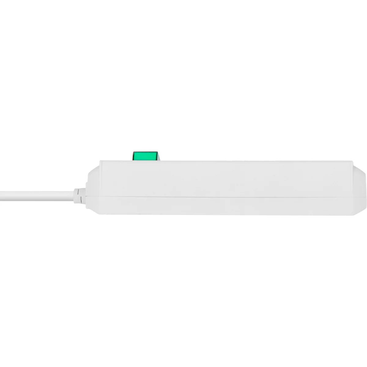 Ein weißes Gerät mit einem grünen Knopf oben, verbunden mit einem weißen Kabel.