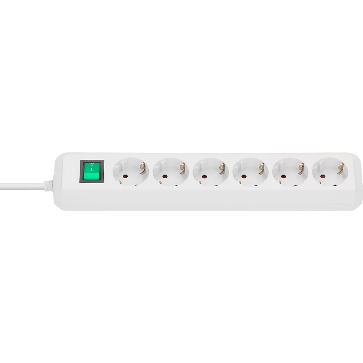 Weiße Steckdosenleiste mit sechs Steckdosen, grünem Ein- und Ausschalter und weißem Kabel.