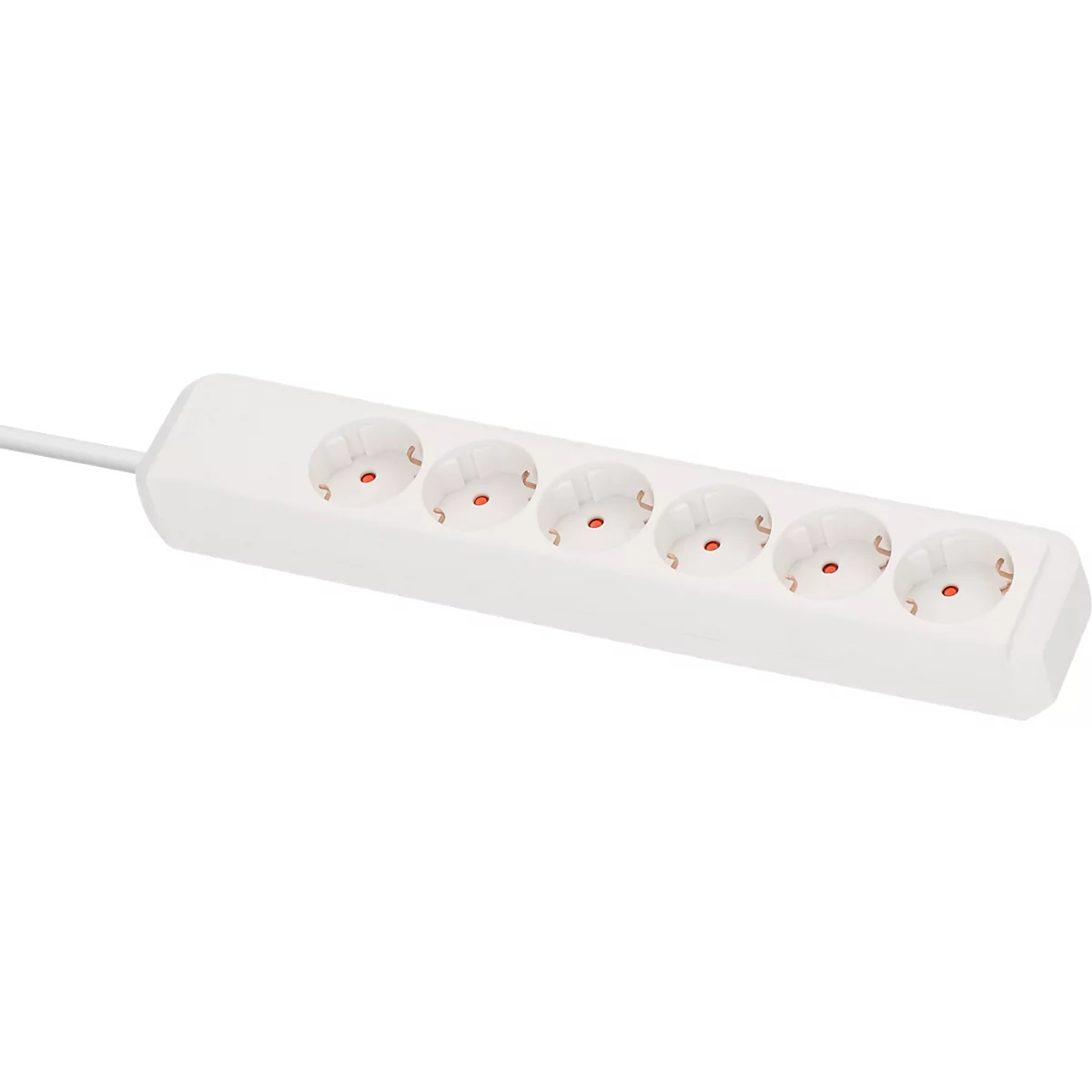 Weisse Steckdosenleiste mit sechs Steckplätzen, links ein weisses Kabel.