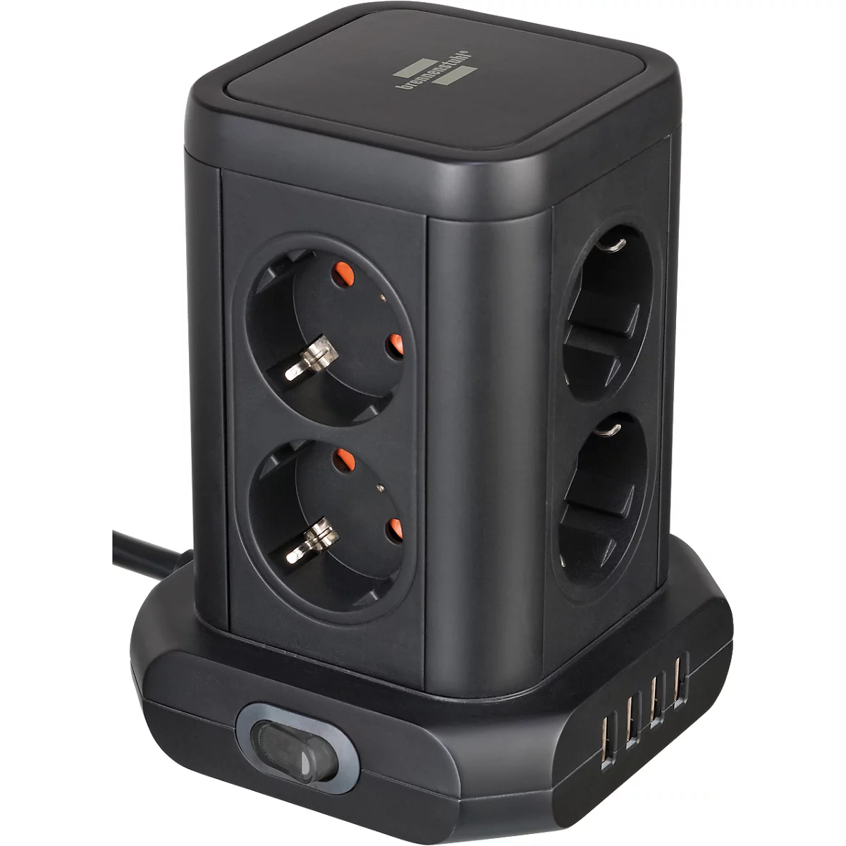 Brennenstuhl Steckdosenturm, 8-fach, 4 USB-Ladebuchsen, 45°-Anordnung, Ein-/Ausschalter, 2 m Kabel, schwarz