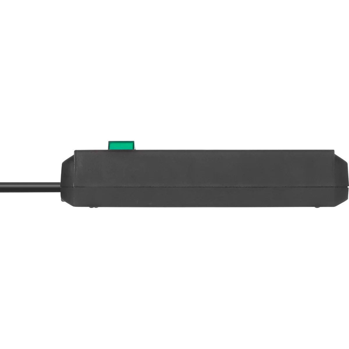 Zwart elektronisch apparaat met groene schakelaar, stekker en kabel.