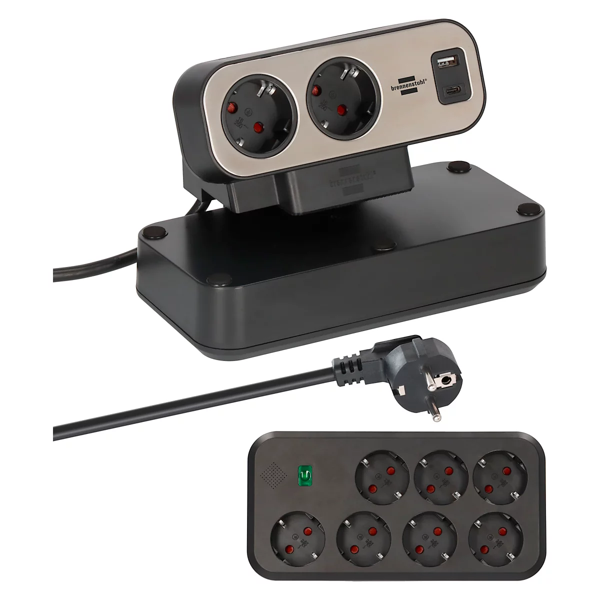 Zwarte meervoudige contactdoos met zilveren stopcontacten en USB-poorten. Daarnaast nog een stekkerdoos met 6 stopcontacten.