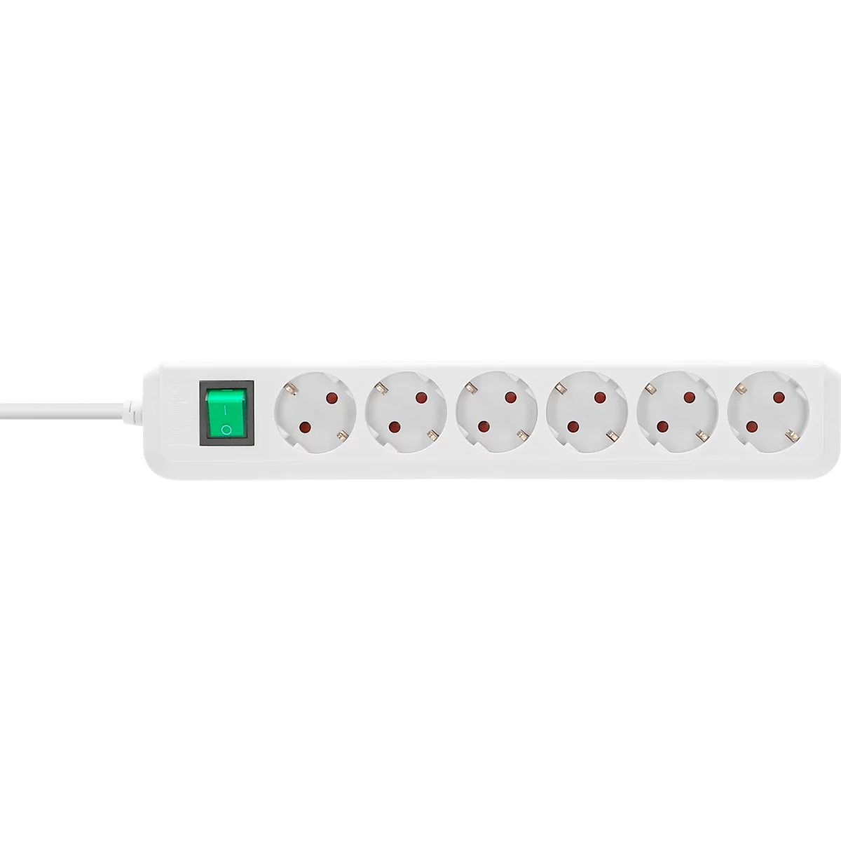 Een witte meervoudige contactdoos met zes contactdozen en een groene aan/uit-schakelaar.