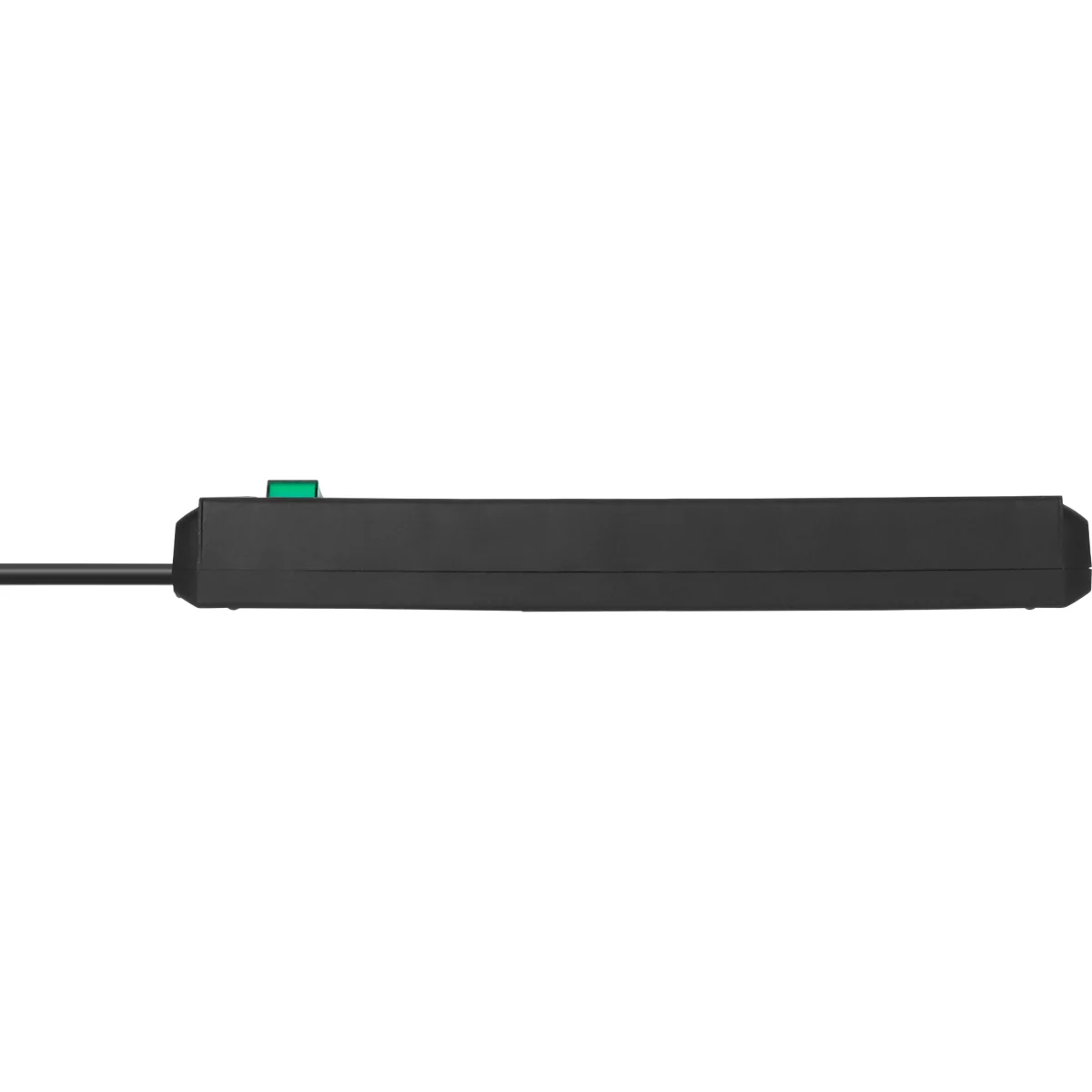 Een rechthoekige, zwarte adapter met een groene knop en een zwarte kabel eraan vast.
