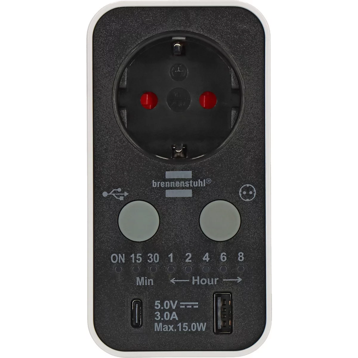 Schwarzer Stromadapter mit Steckdose, USB-Anschlüssen, Knöpfen und Zeiteinstellungen. Das "brennenstuhl" Logo ist zu sehen.