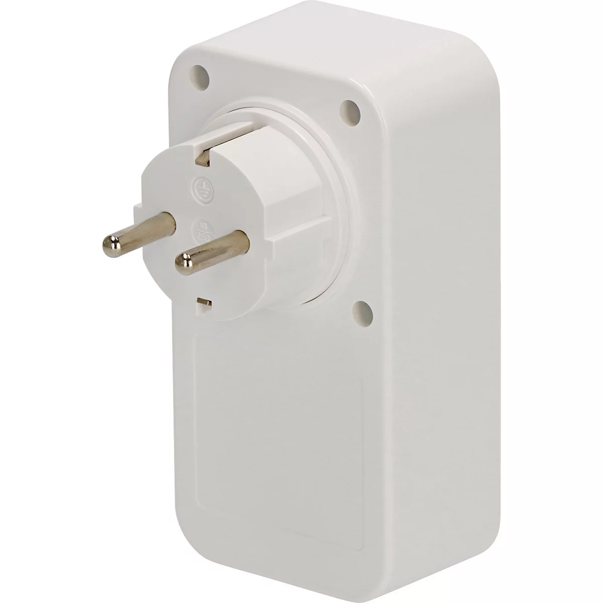 Witte adapter met EU-stekker, detailweergave. De stekker is rechthoekig en heeft drie gaten.