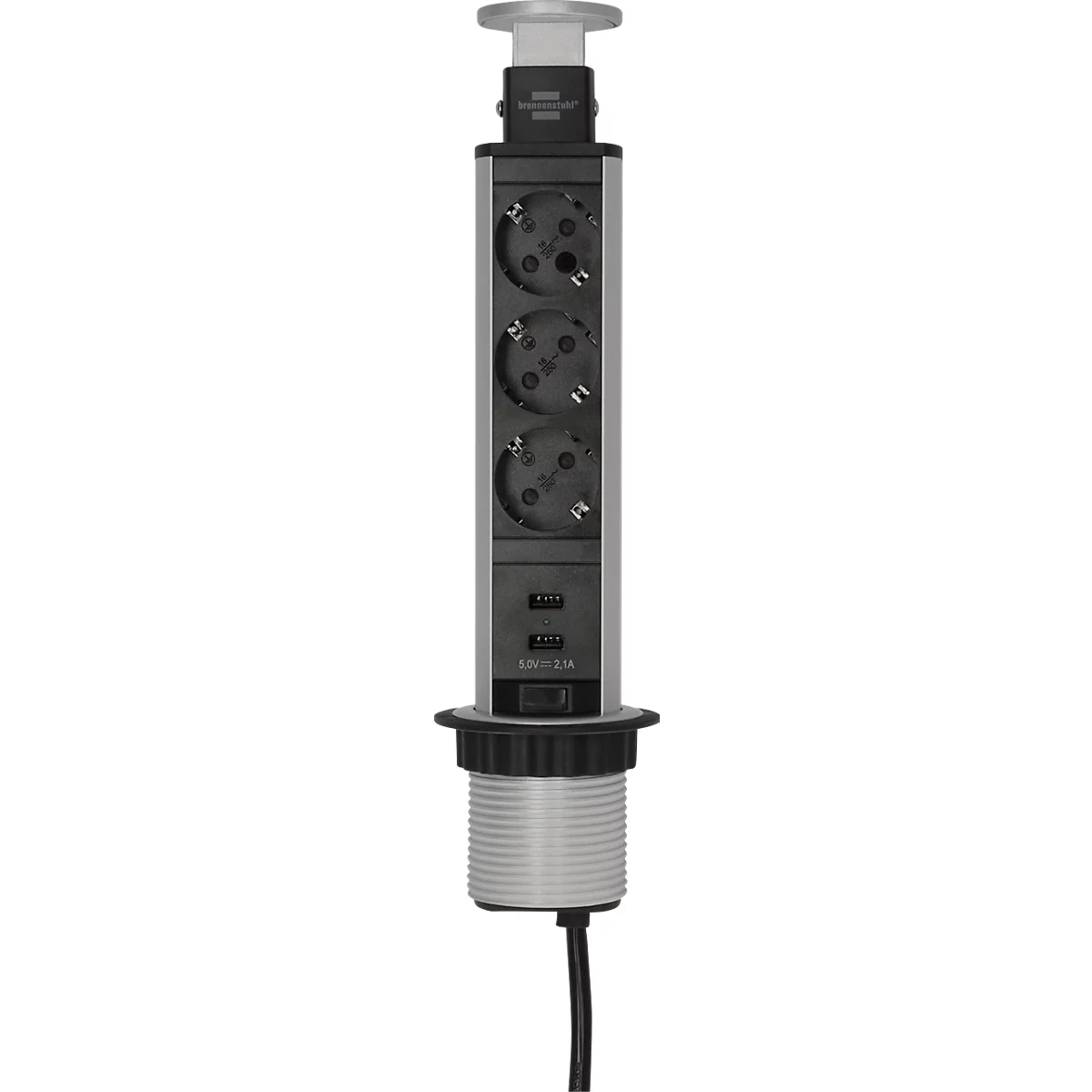 Brennenstuhl Tower Power Alu-Tischsteckdosenleiste, 3 Schutzkontaktstecker in 45°-Anordnung, 2 USB Stecker, versenkbar, 2 m Kabel, L 335 x B 85 x T 120 mm, silber/schwarz
