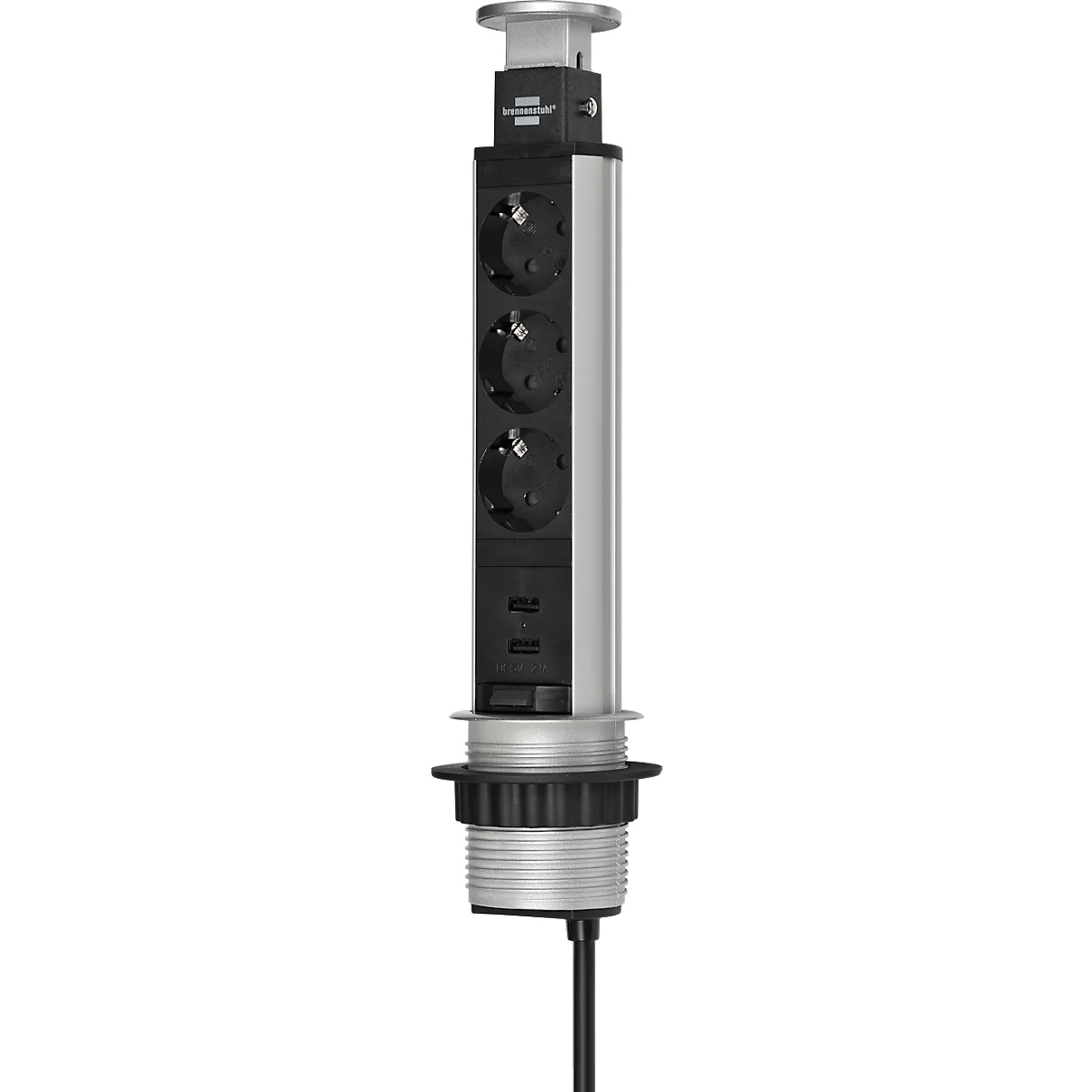 Brennenstuhl Tower Power Alu-Tischsteckdosenleiste, 3 Schutzkontaktstecker in 45°-Anordnung, 2 USB Stecker, versenkbar, 2 m Kabel, L 335 x B 85 x T 120 mm, silber/schwarz