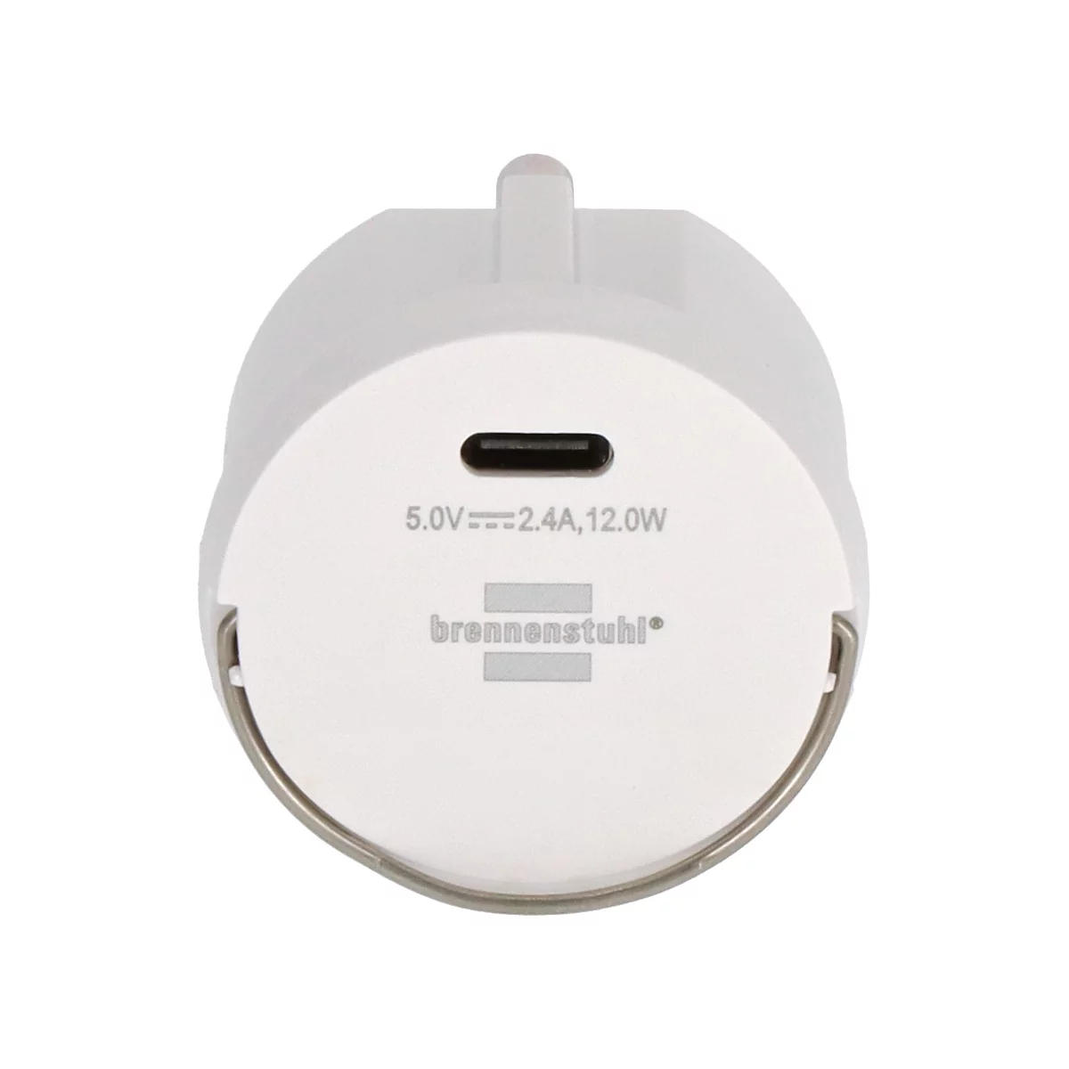Een witte USB-C-adapter. Er is een USB-C-poort aan de bovenkant, daaronder staat "5.0V==2.4A, 12.0W". De merknaam "brennenstuhl" is ook gedrukt.